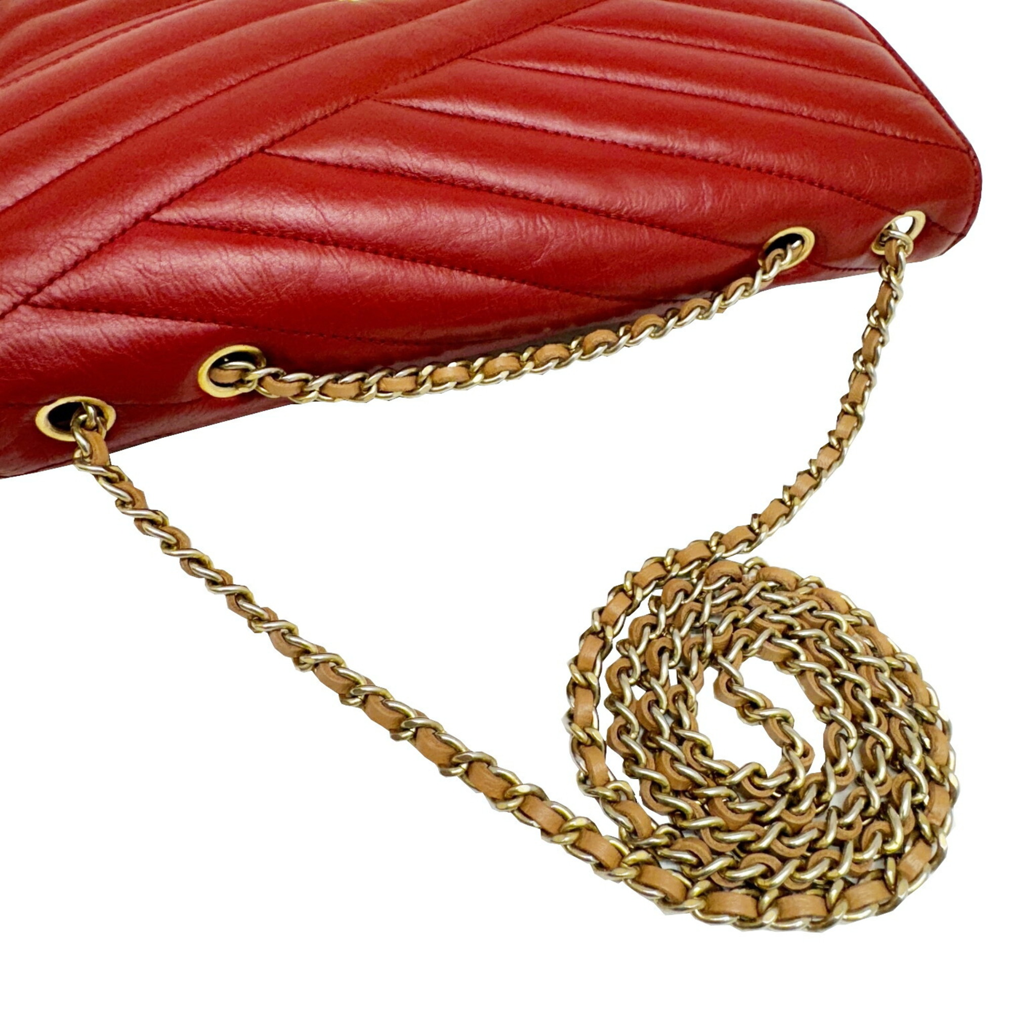 CHANEL Gabrielle 2.55 Chain Shoulder Bag, Lambskin, Red, Beige, No. 15, Women's