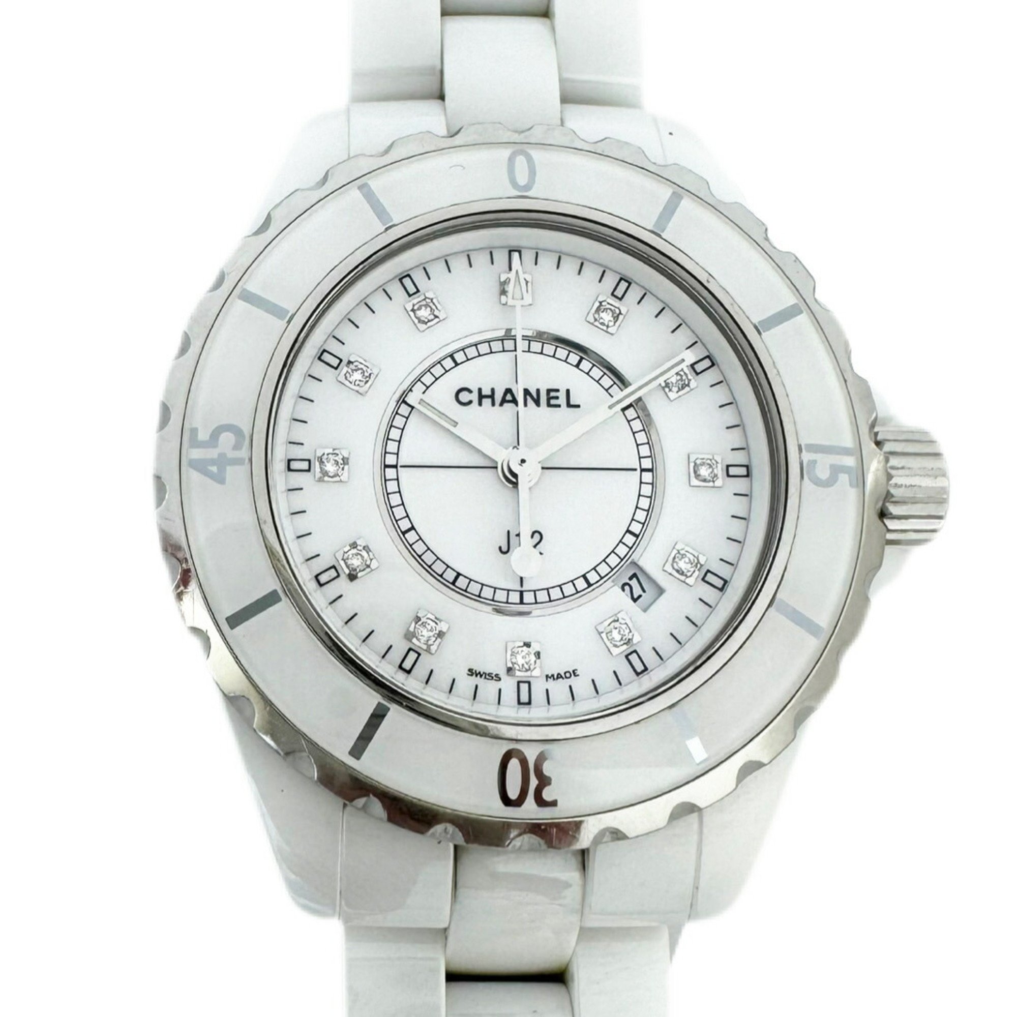 CHANEL J12 33mm White 12P Diamond H1628 Ceramic Index Date Change Quartz Battery Operated Wristwatch Women's Watch