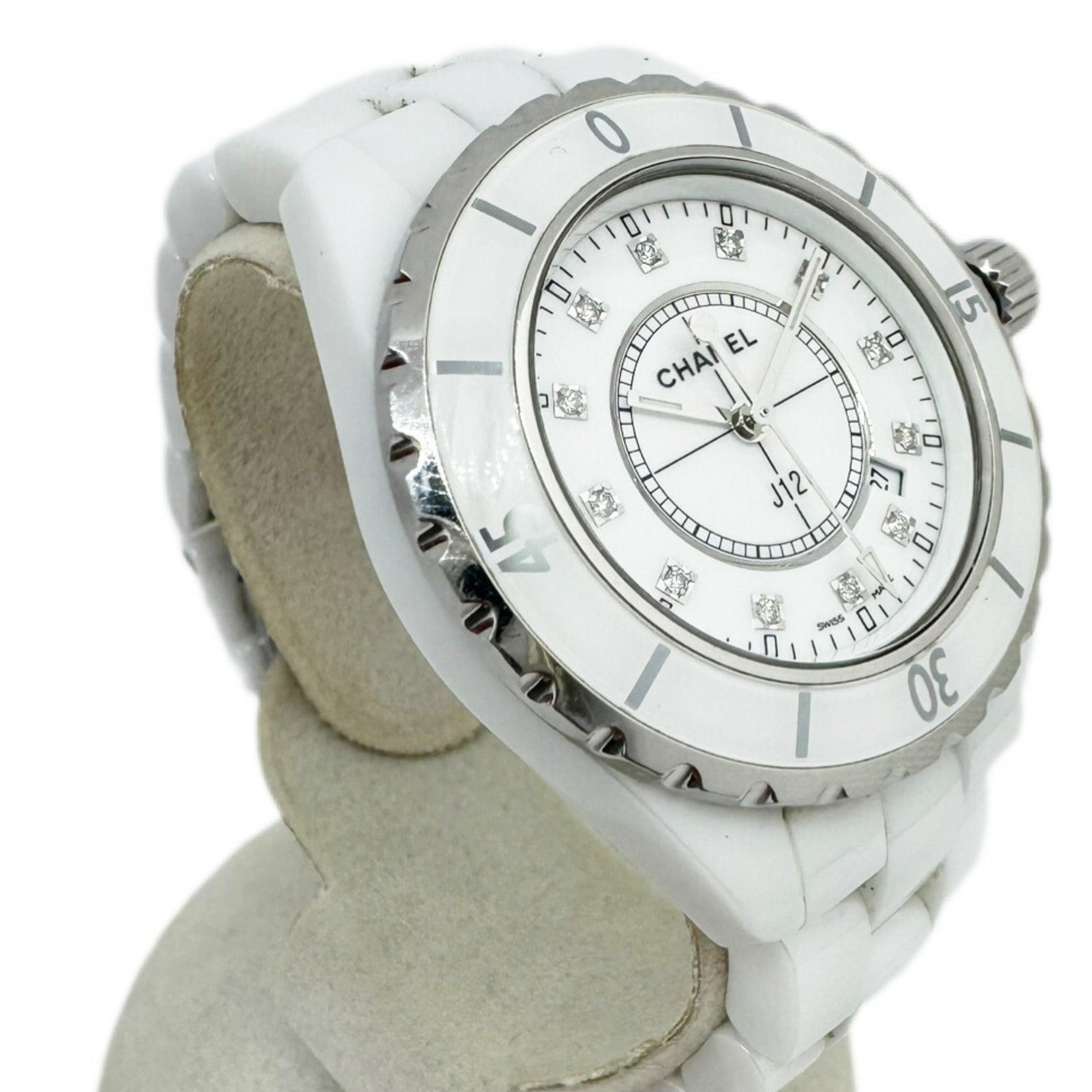 CHANEL J12 33mm White 12P Diamond H1628 Ceramic Index Date Change Quartz Battery Operated Wristwatch Women's Watch