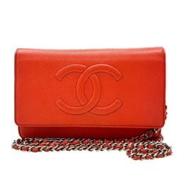 CHANEL Coco Mark Chain Wallet, Shoulder Bag, Caviar Skin, Orange, Red, Vermilion, 17 Series, Women's