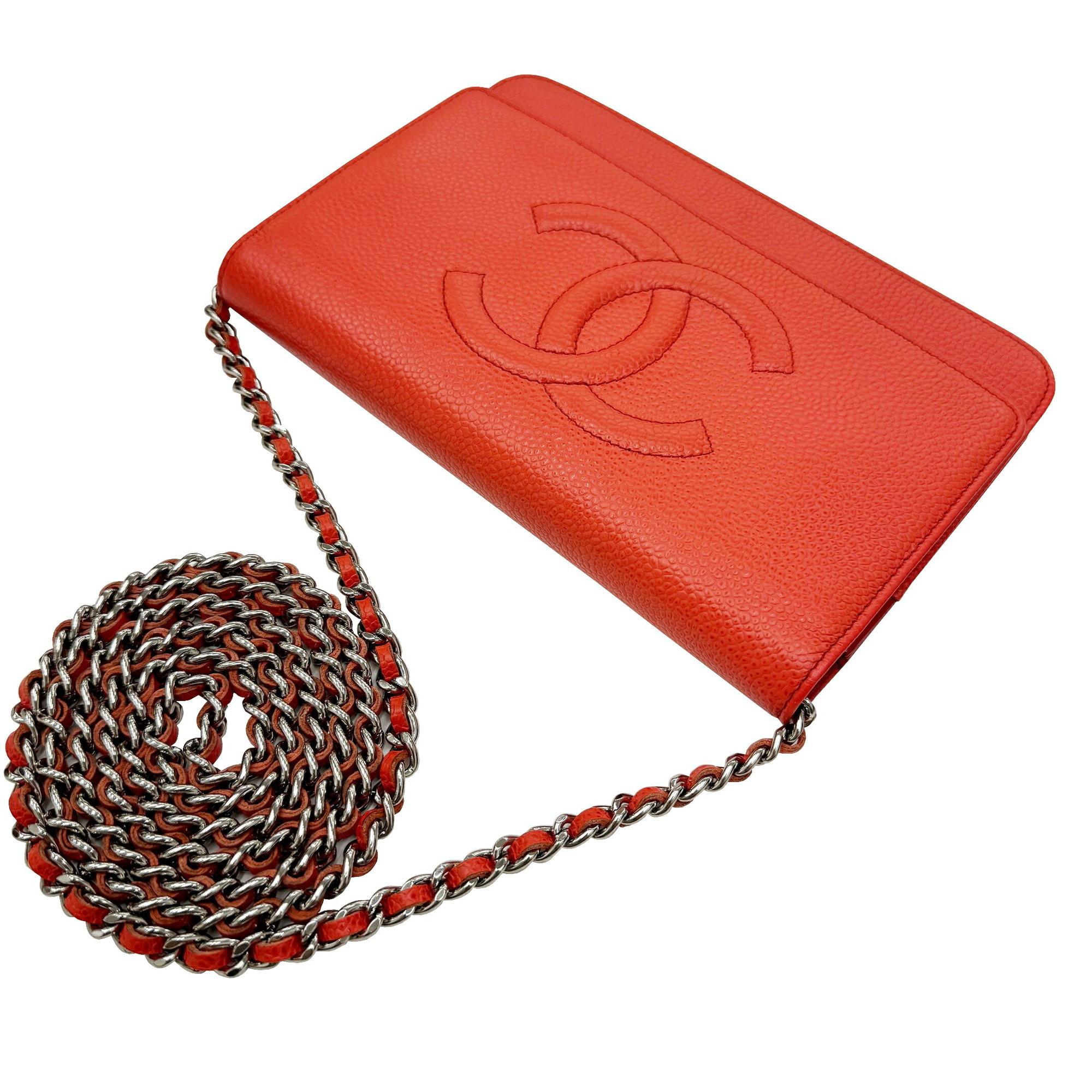 CHANEL Coco Mark Chain Wallet, Shoulder Bag, Caviar Skin, Orange, Red, Vermilion, 17 Series, Women's