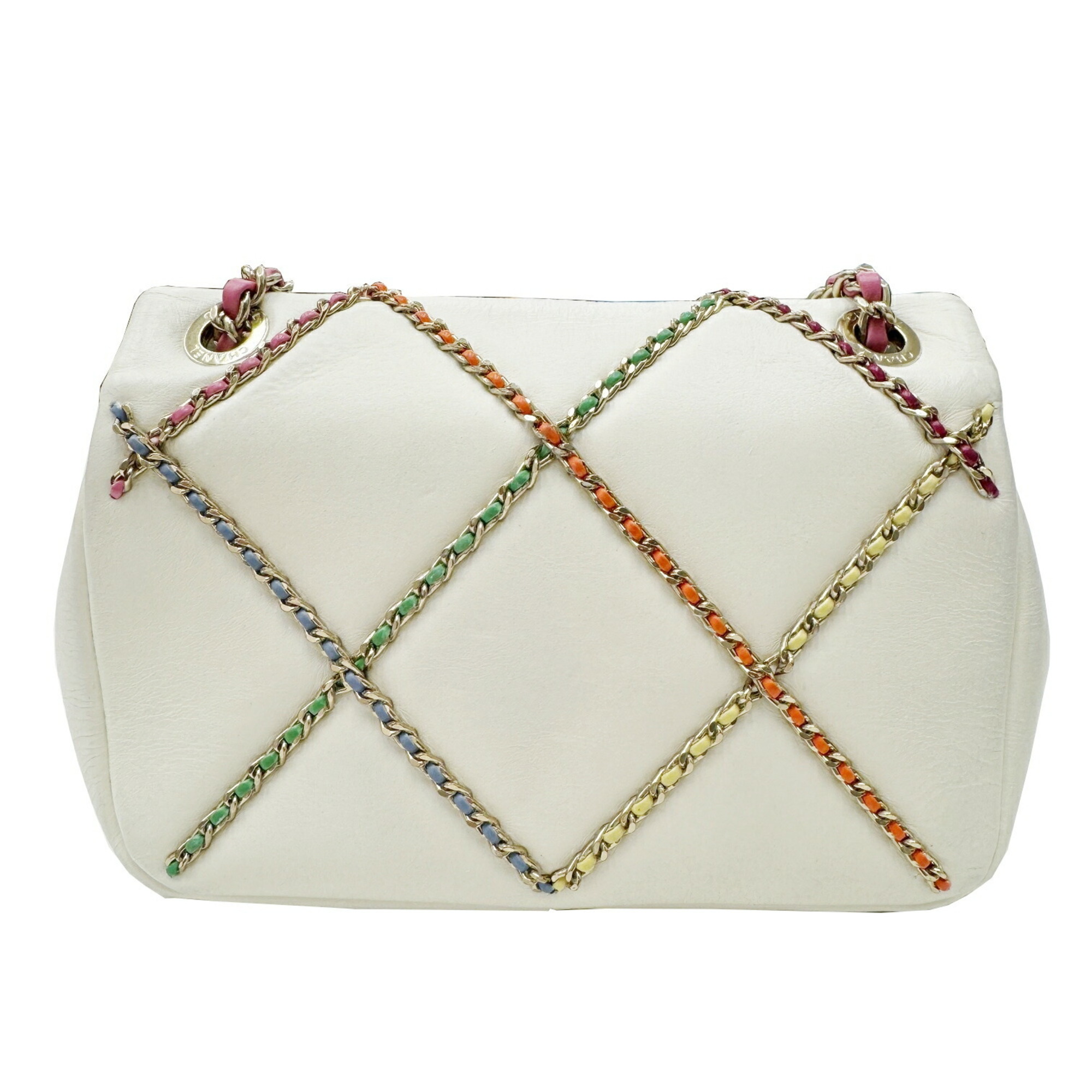 CHANEL Flap Bag Chain Shoulder AS2383 Leather White Multicolor 3 Women's