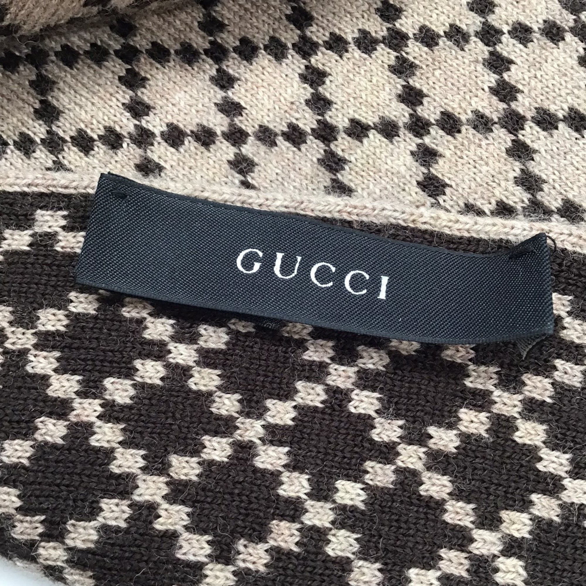 GUCCI Diamante Scarf Wool Diamond Shape Stole Neck Wrap Beige Brown Women Men