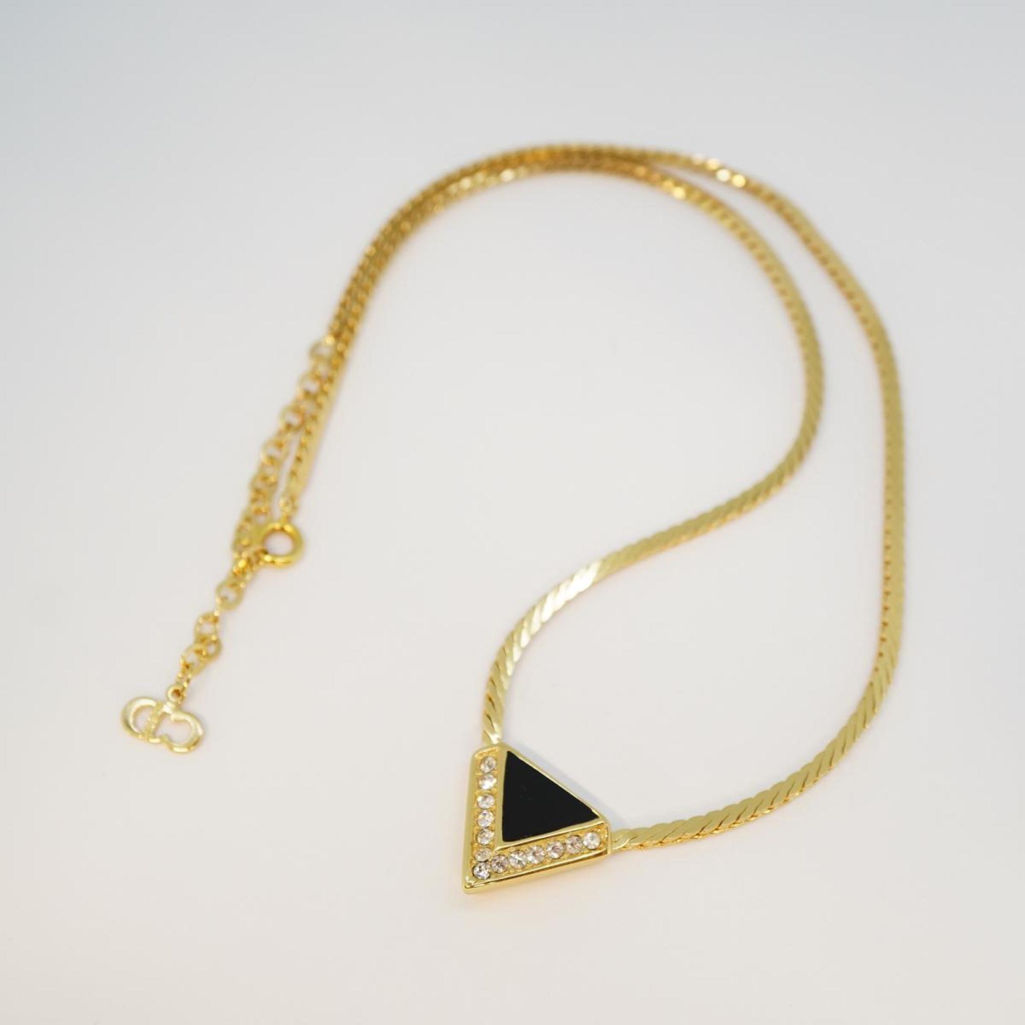 Christian Dior Necklace Triangle Rhinestone GP Plated Gold Black Women's