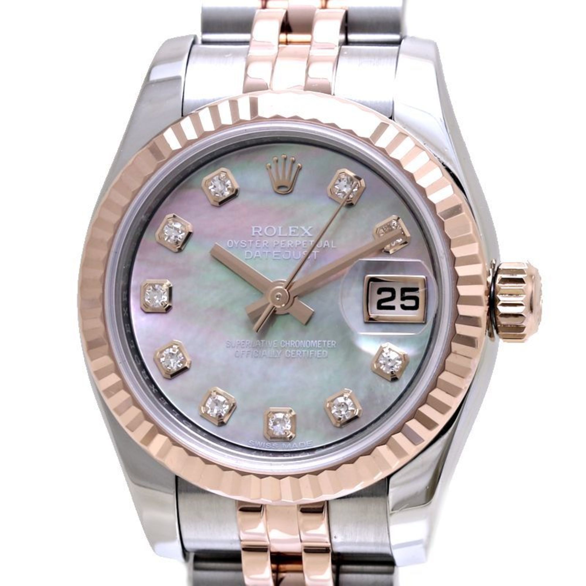 ROLEX Rolex Datejust 10P Diamond 179171NG Black Shell K18PG Pink Gold x Stainless Steel Ladies 39576 Watch