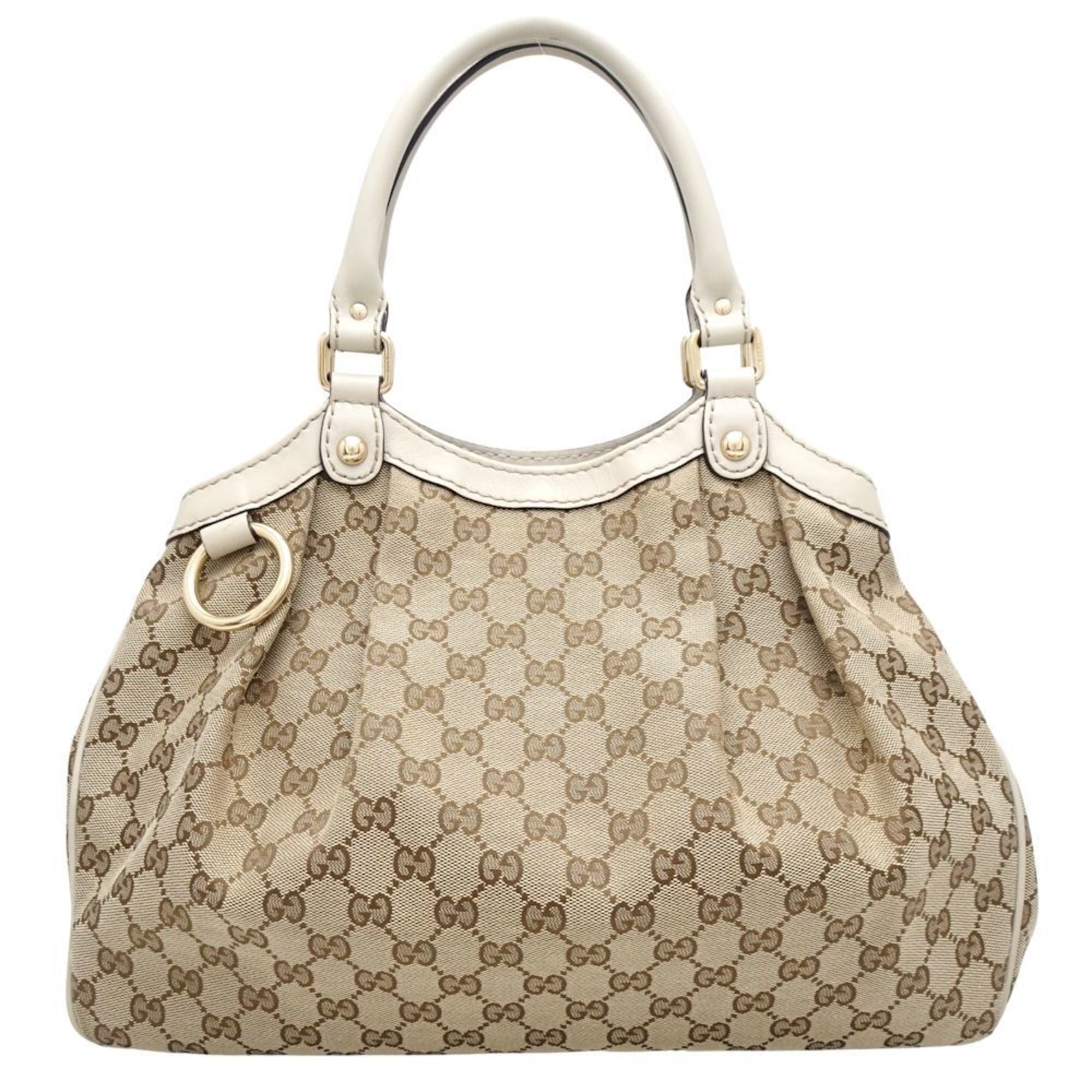 GUCCI 211944 Tote Bag GG Canvas x Leather Beige Ivory 351576