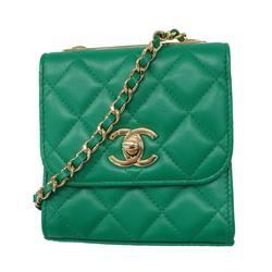 Chanel Shoulder Bag Matelasse Chain Lambskin Green Champagne Women's