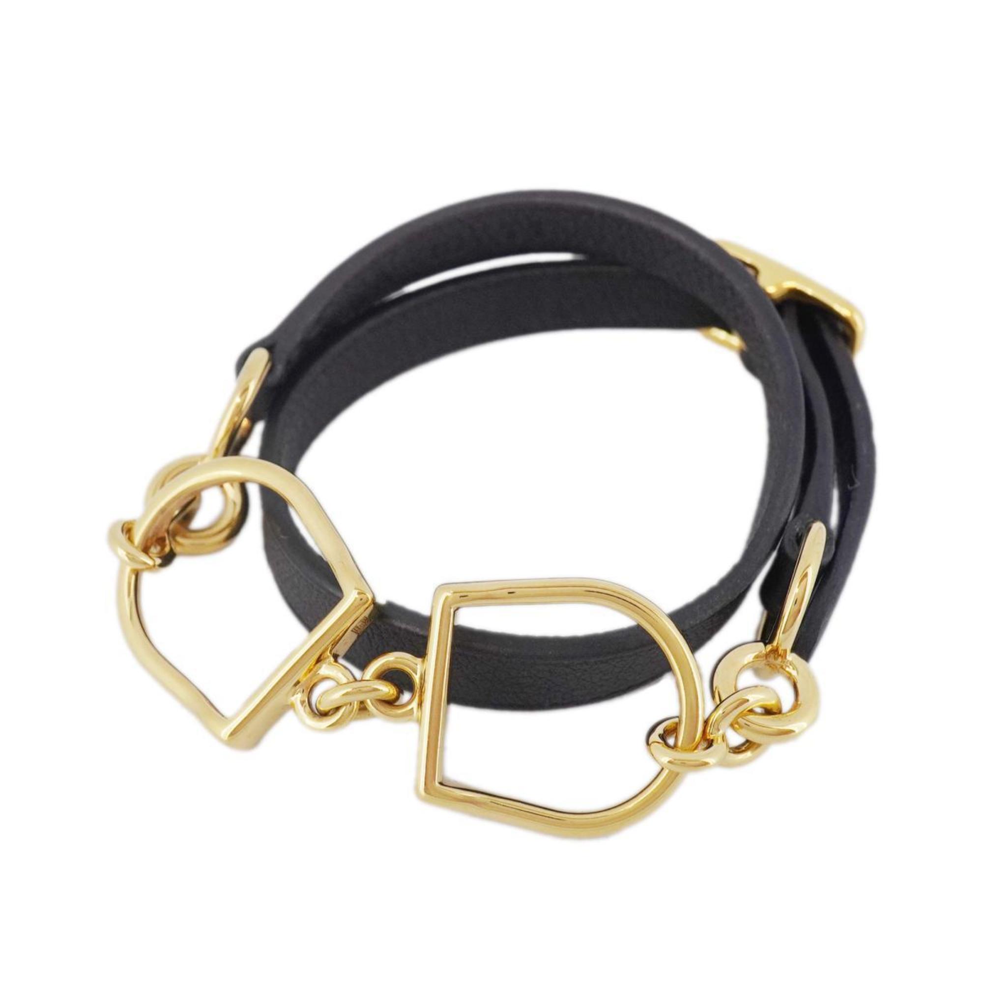 Hermes Bracelet Etrier Double Tour A Stamp GP Plated Leather Gold Black Women's