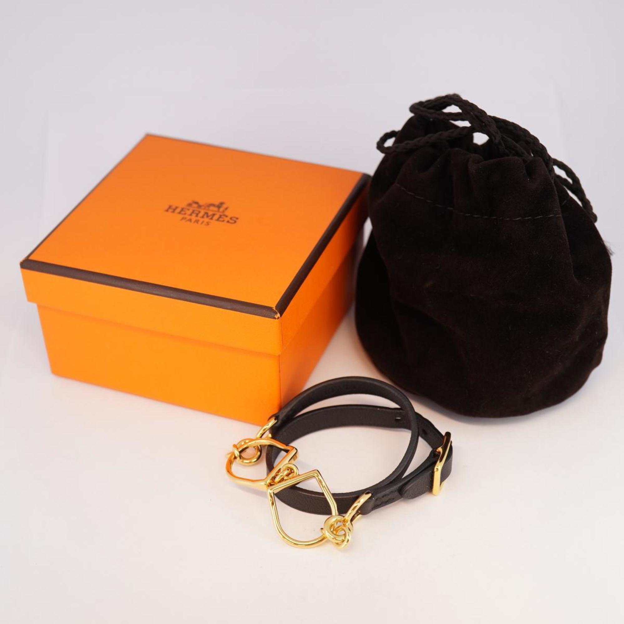 Hermes Bracelet Etrier Double Tour A Stamp GP Plated Leather Gold Black Women's