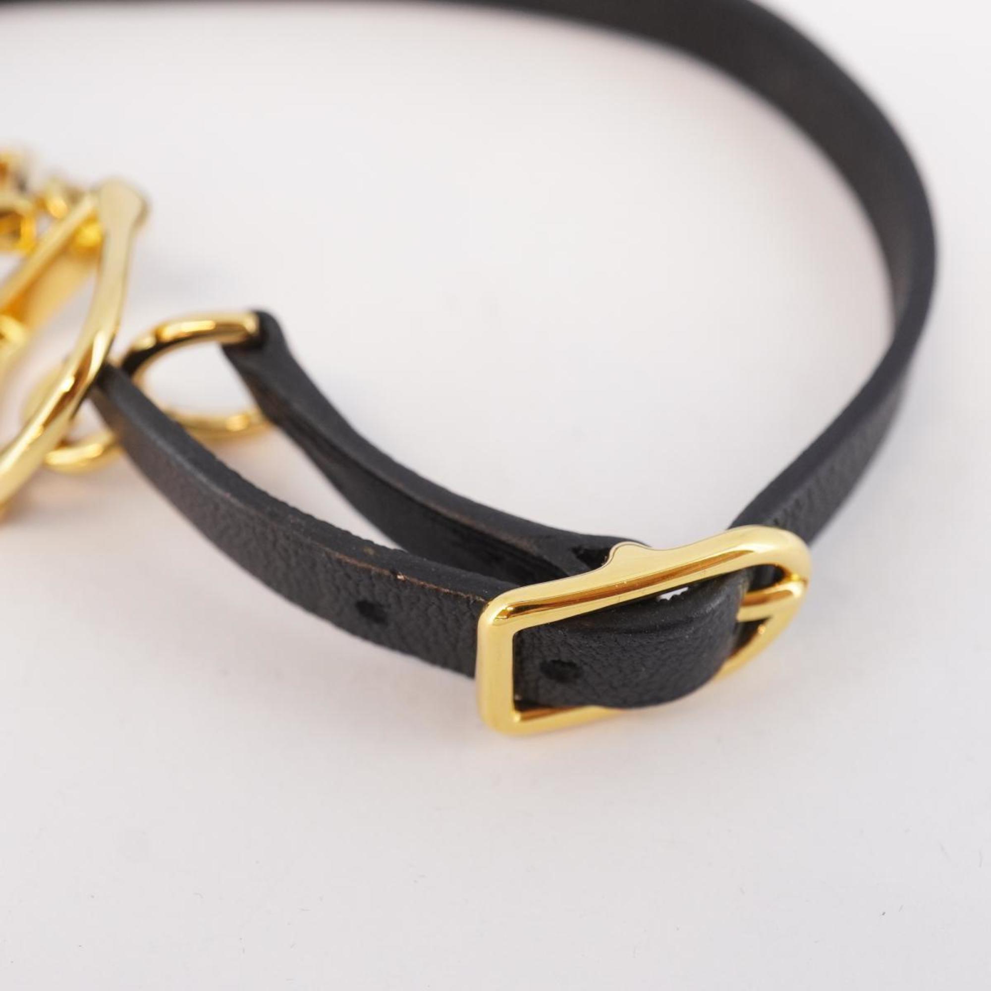 Hermes Bracelet Etrier Double Tour A Stamp GP Plated Leather Gold Black Women's