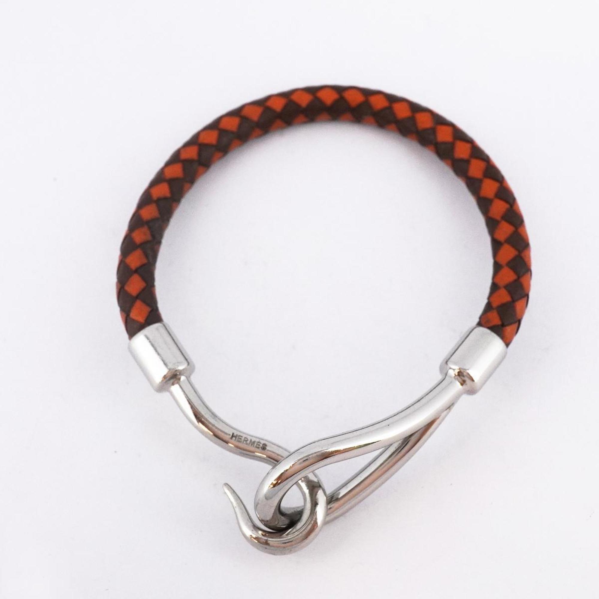 Hermes Bracelet Jumbo Hook Metal Material Leather Silver Orange Brown Women's