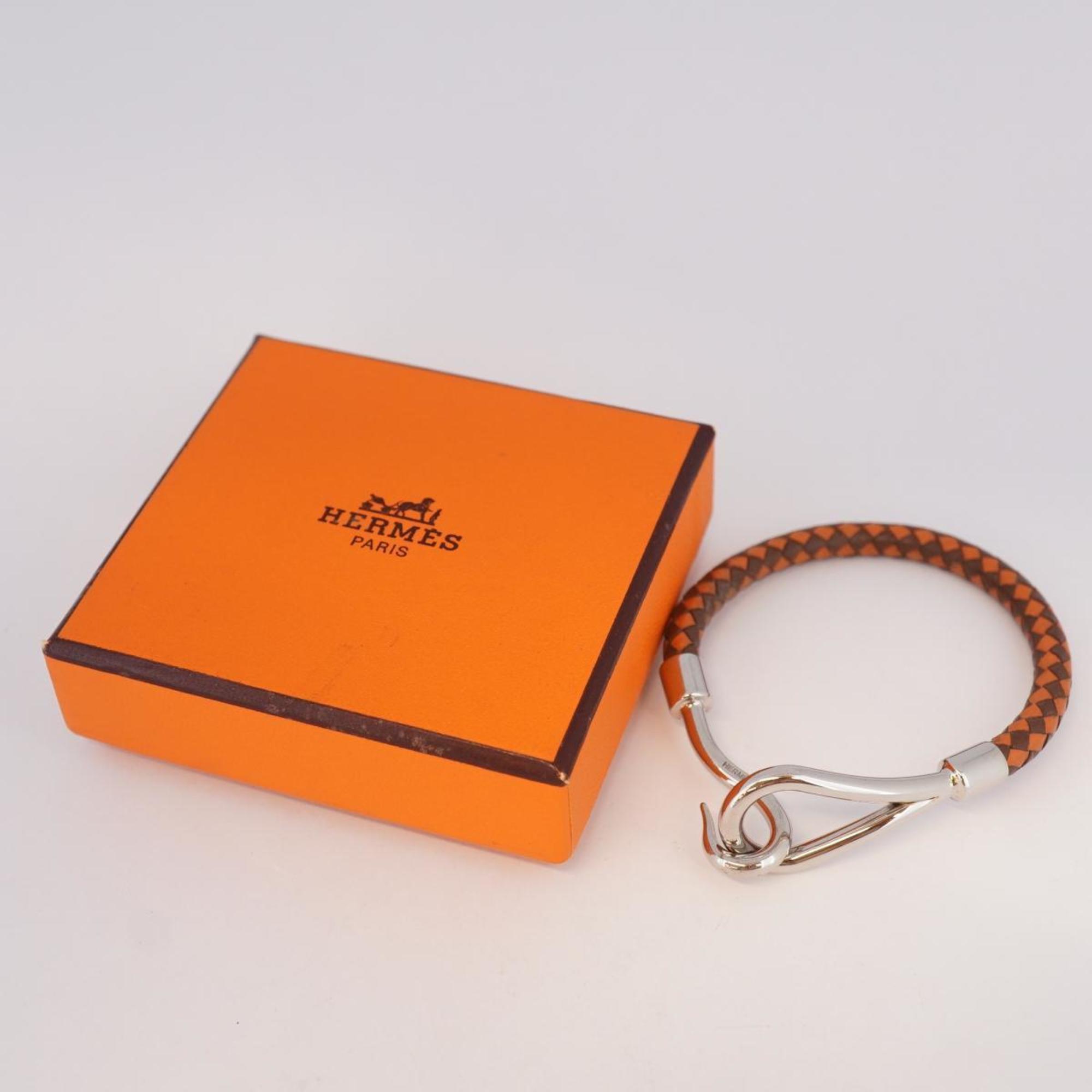 Hermes Bracelet Jumbo Hook Metal Material Leather Silver Orange Brown Women's