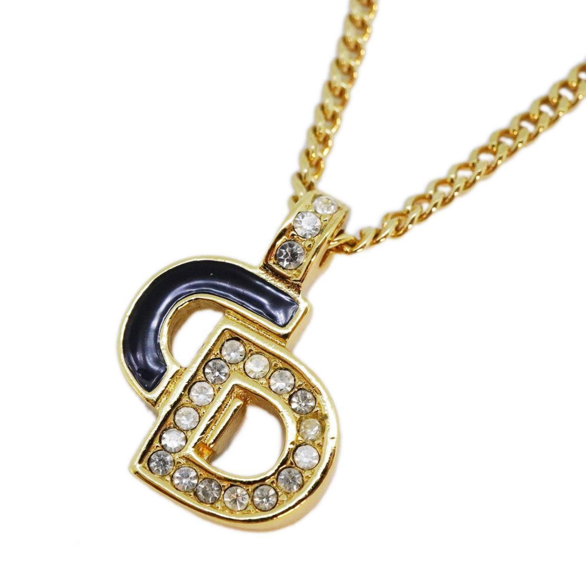 Christian Dior Necklace CD Rhinestone GP Plated Gold Black Women's