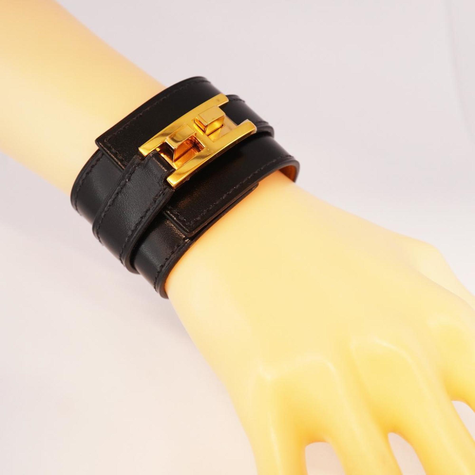 Hermes Bracelet Drag GP Plated Leather Gold Black Brown Women's