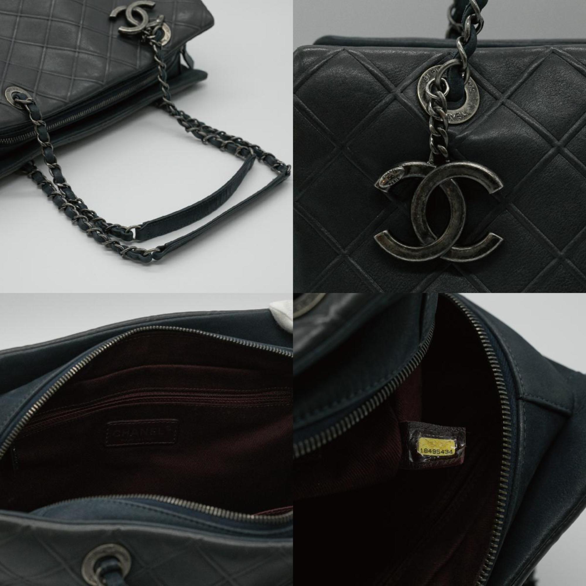 CHANEL Shoulder Bag Matelasse Coco Mark Chain Leather Gray Silver Women's PD324