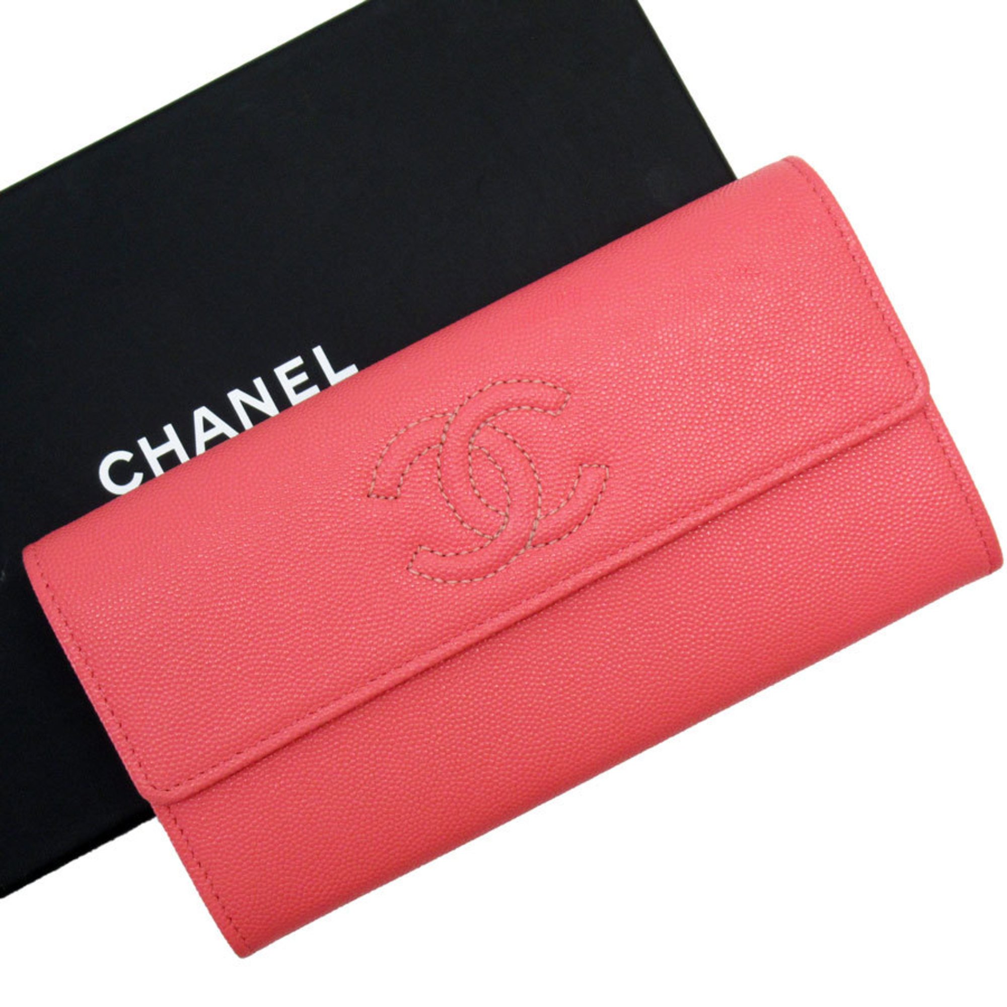 CHANEL Coco Mark Long Wallet Caviar Skin Leather Pink Women's w0655a