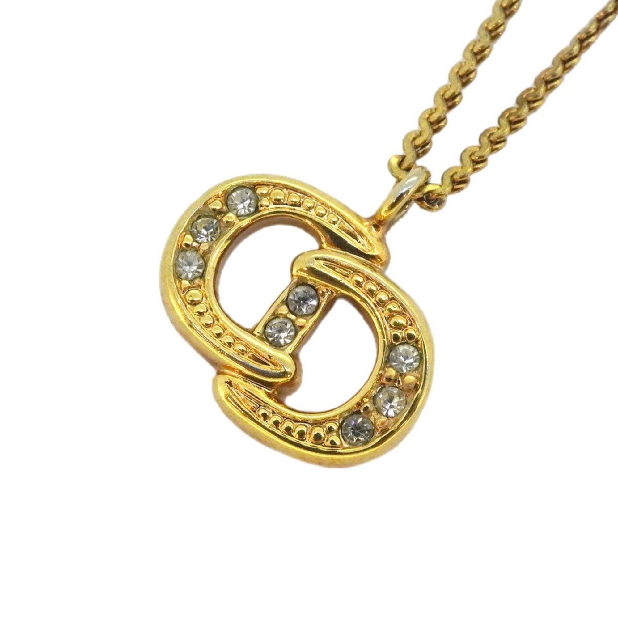 Christian Dior Necklace CD Rhinestone GP Plated Gold Women's