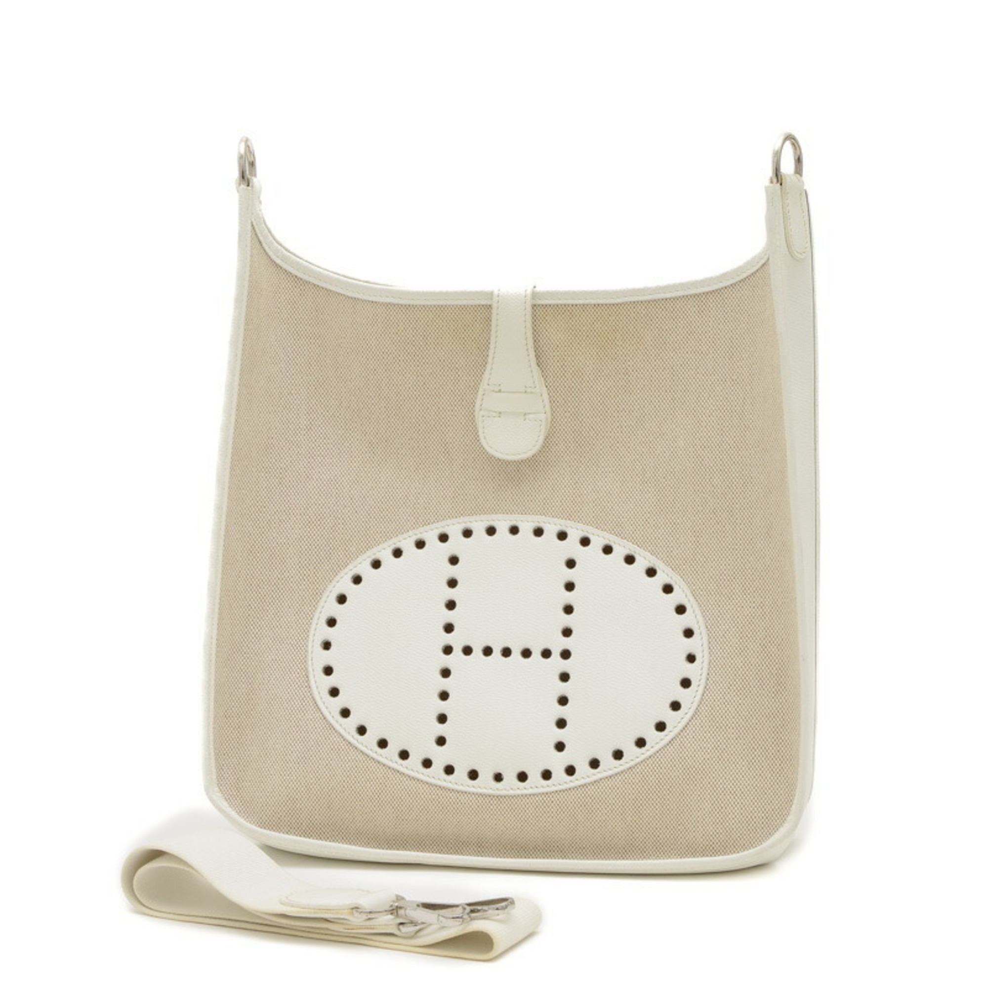 Hermes Evelyn PM Shoulder Bag Toile Leather White H Stamp