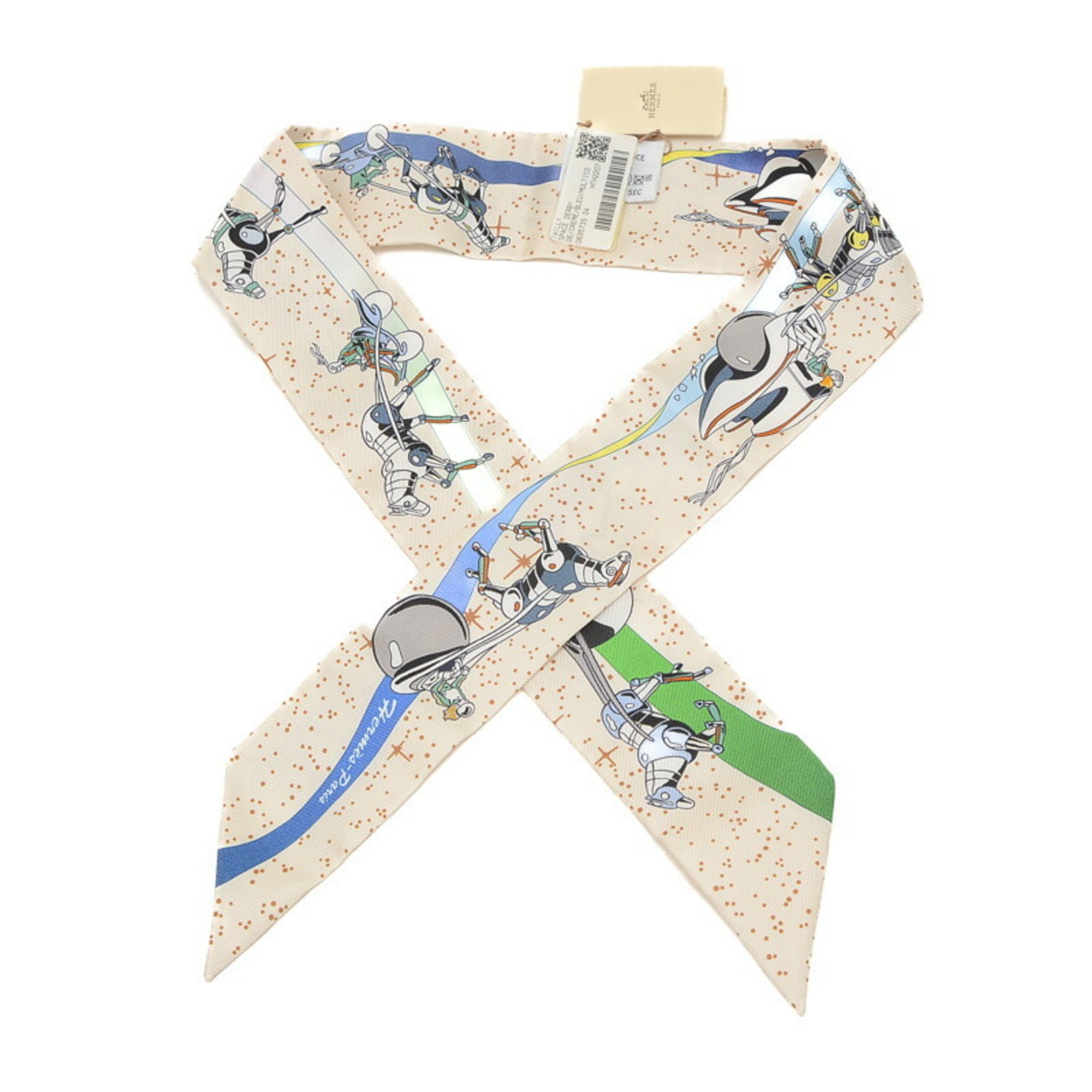 Hermes Twilly Space Derby Scarf Cream Blue Multicolor 100% Silk