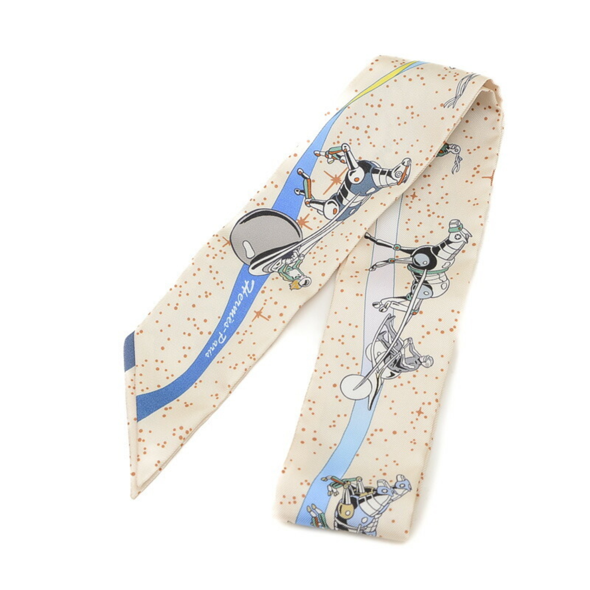 Hermes Twilly Space Derby Scarf Cream Blue Multicolor 100% Silk