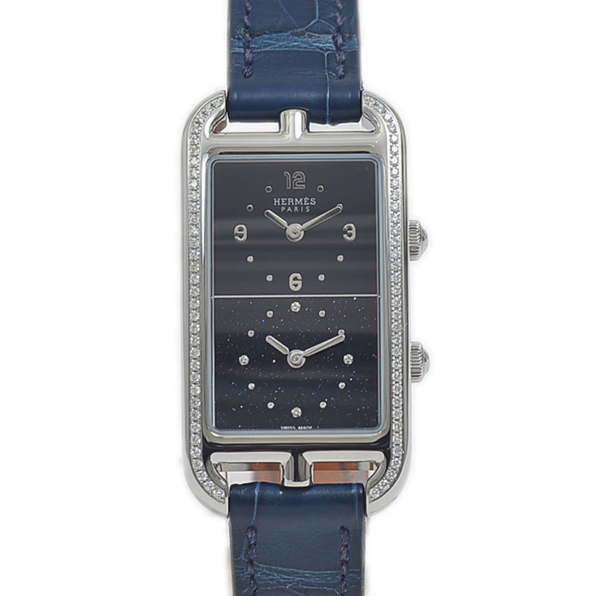 Hermes Nantucket Watch for Women, Diamond Bezel, Dual Time, Black Dial, Quartz, NA3.230