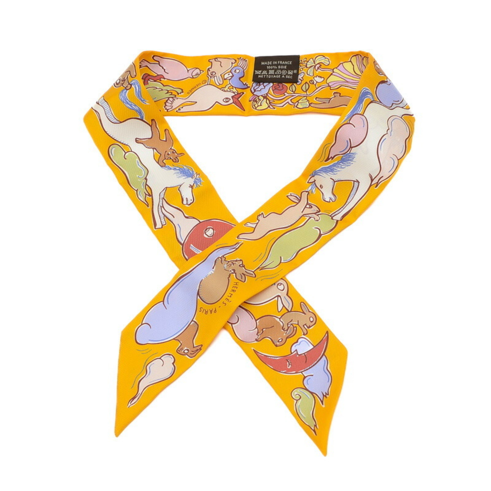 Hermes Twilly Scarf, Mille et Un Lapins, Yellow, 100% Silk