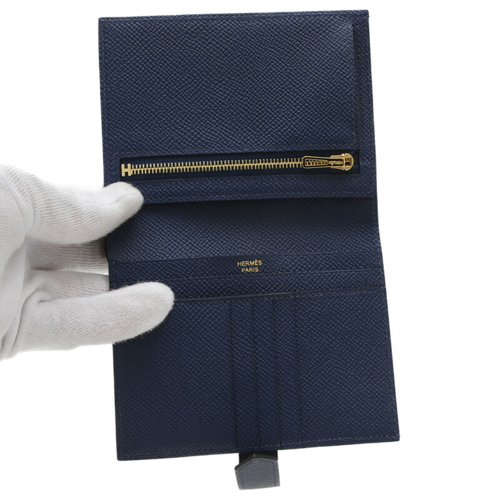 Hermes Bearn Compact Bi-fold Wallet Epson Blue Navy W Engraved