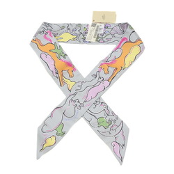 Hermes Twilly Scarf Thousand and One Rabbits Mille Lapins Gris Pearl Rose Jaune 100% Silk