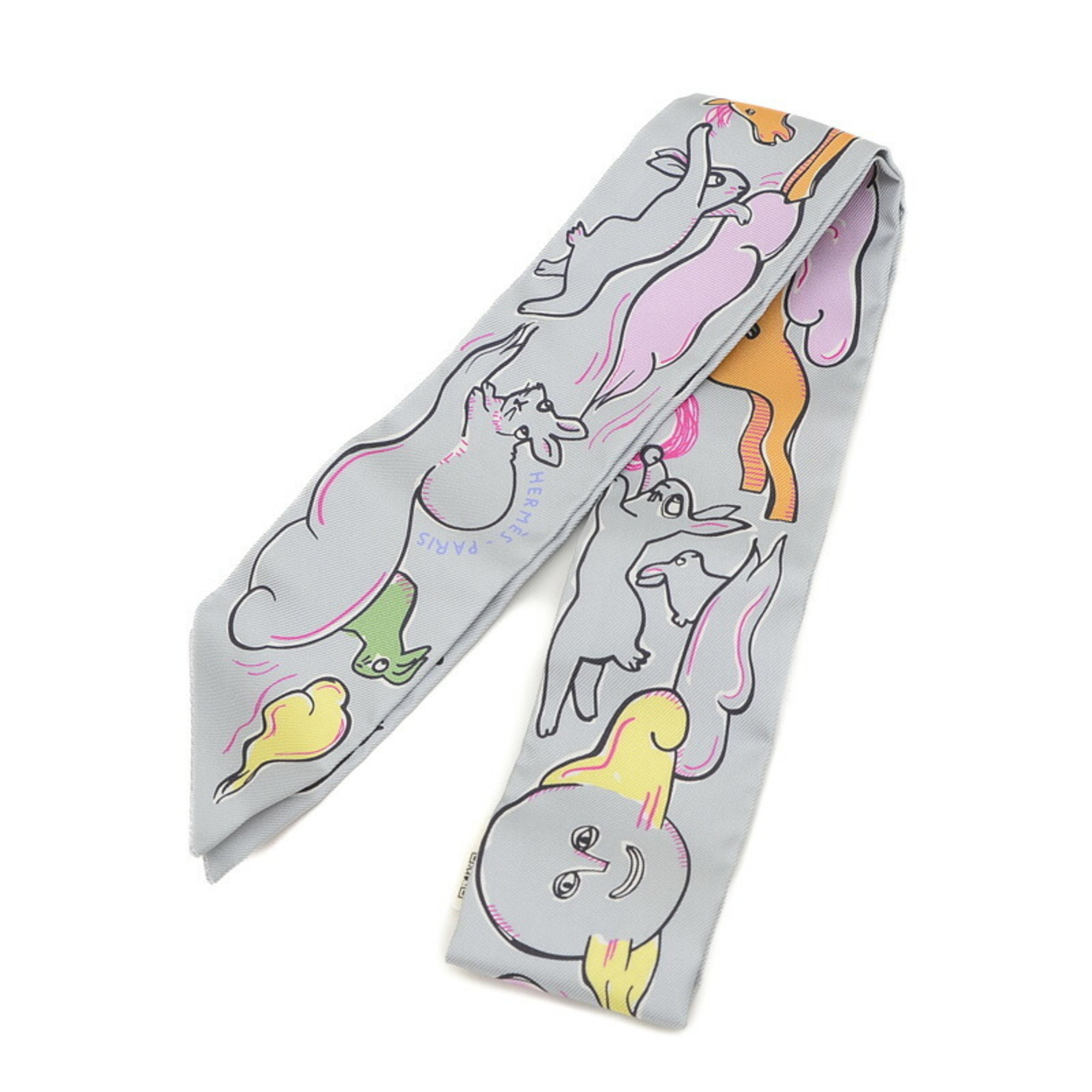 Hermes Twilly Scarf Thousand and One Rabbits Mille Lapins Gris Pearl Rose Jaune 100% Silk