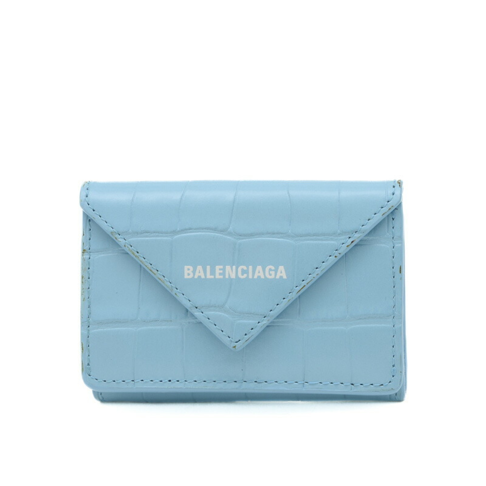 Balenciaga Paper Wallet Tri-fold Light Blue Embossed Leather 391446