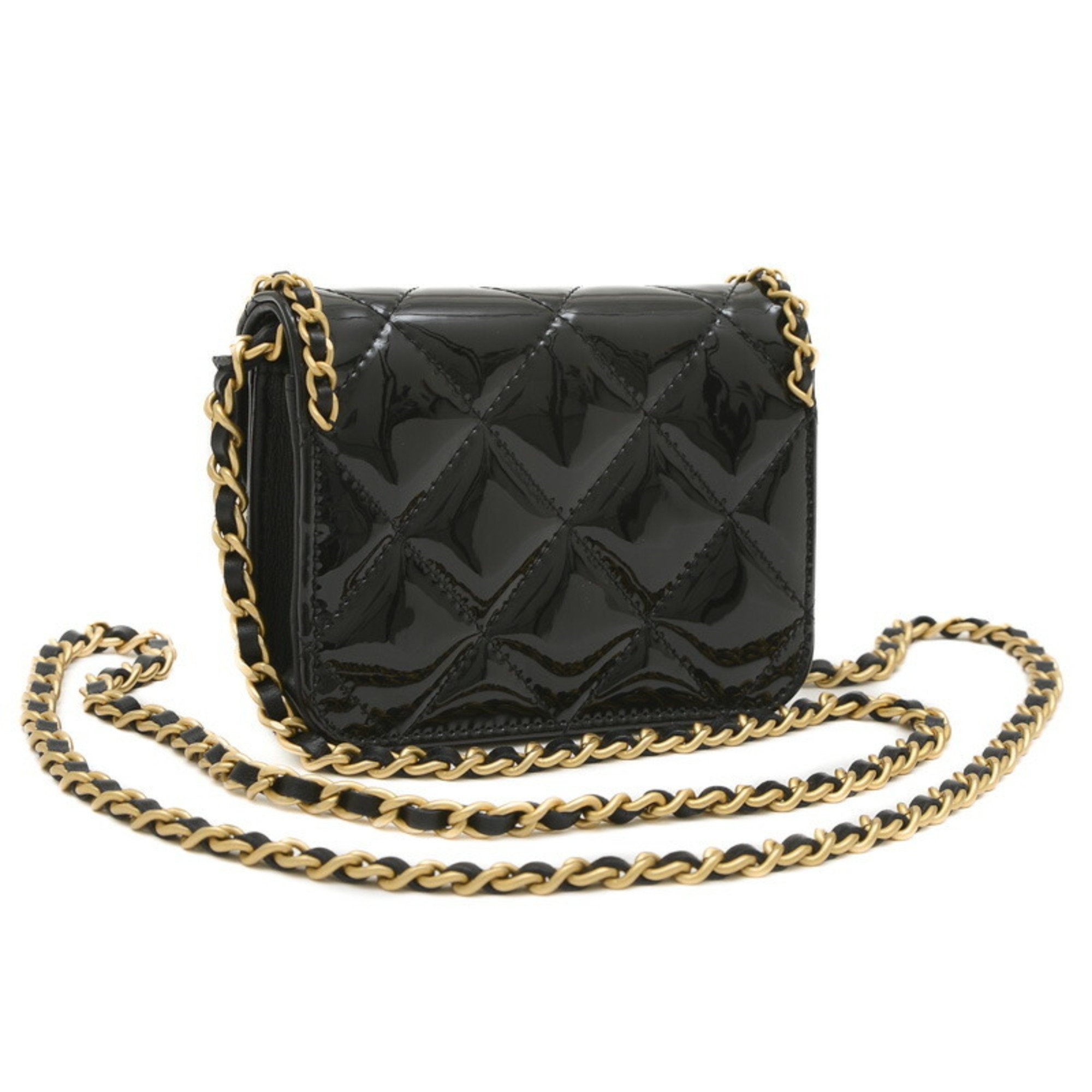 Chanel Matelasse Chain Clutch Shoulder Patent Leather Black AP4104