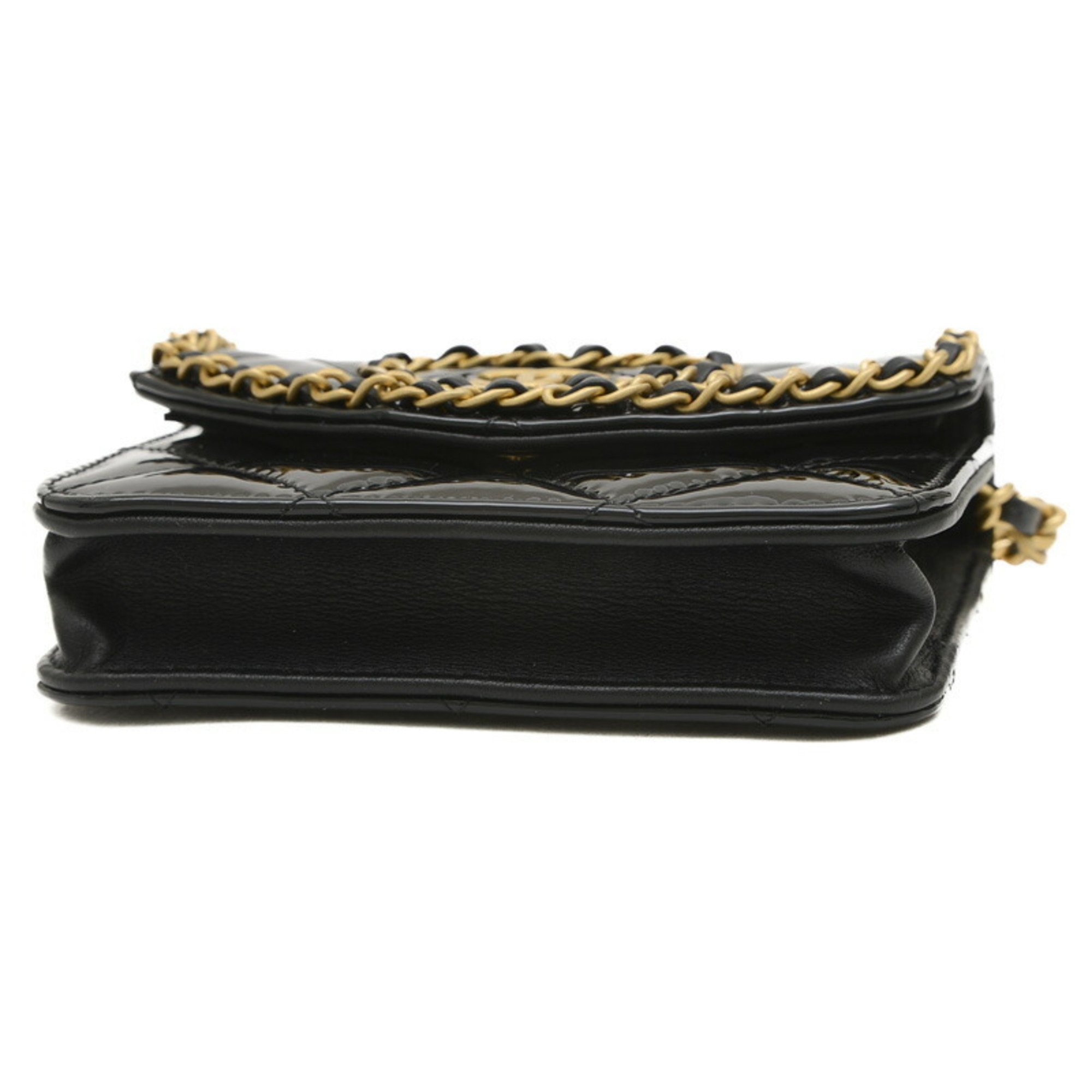 Chanel Matelasse Chain Clutch Shoulder Patent Leather Black AP4104