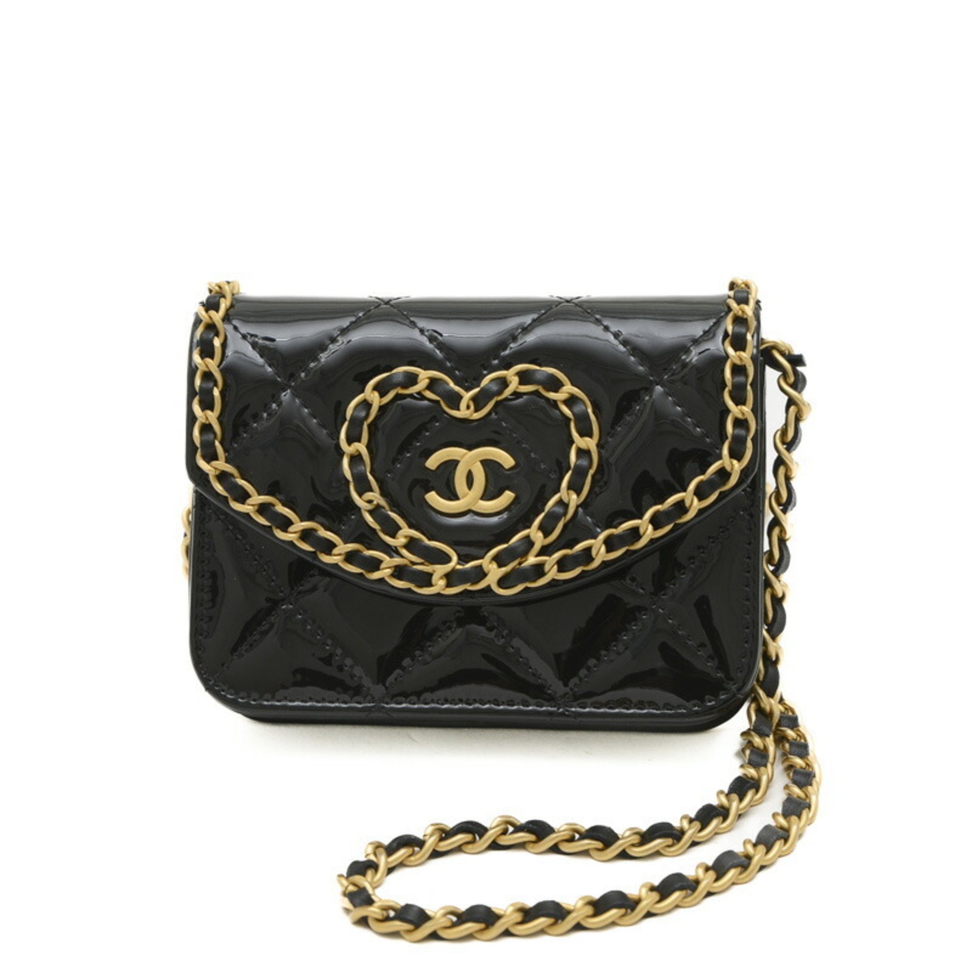 Chanel Matelasse Chain Clutch Shoulder Patent Leather Black AP4104