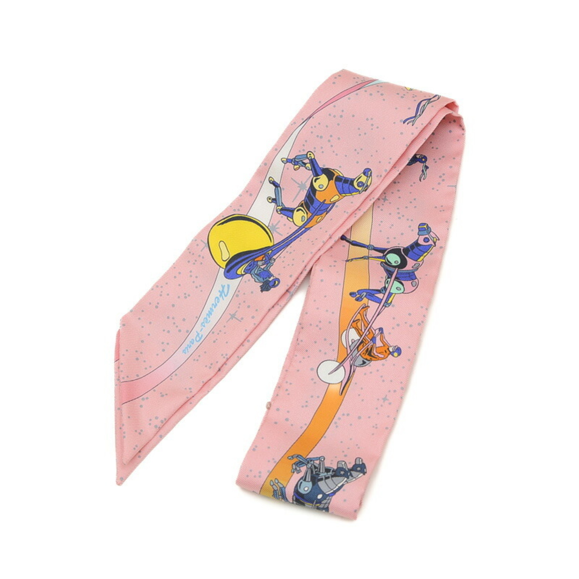 Hermes Twilly Space Derby Scarf Rose Blue Jaune 100% Silk