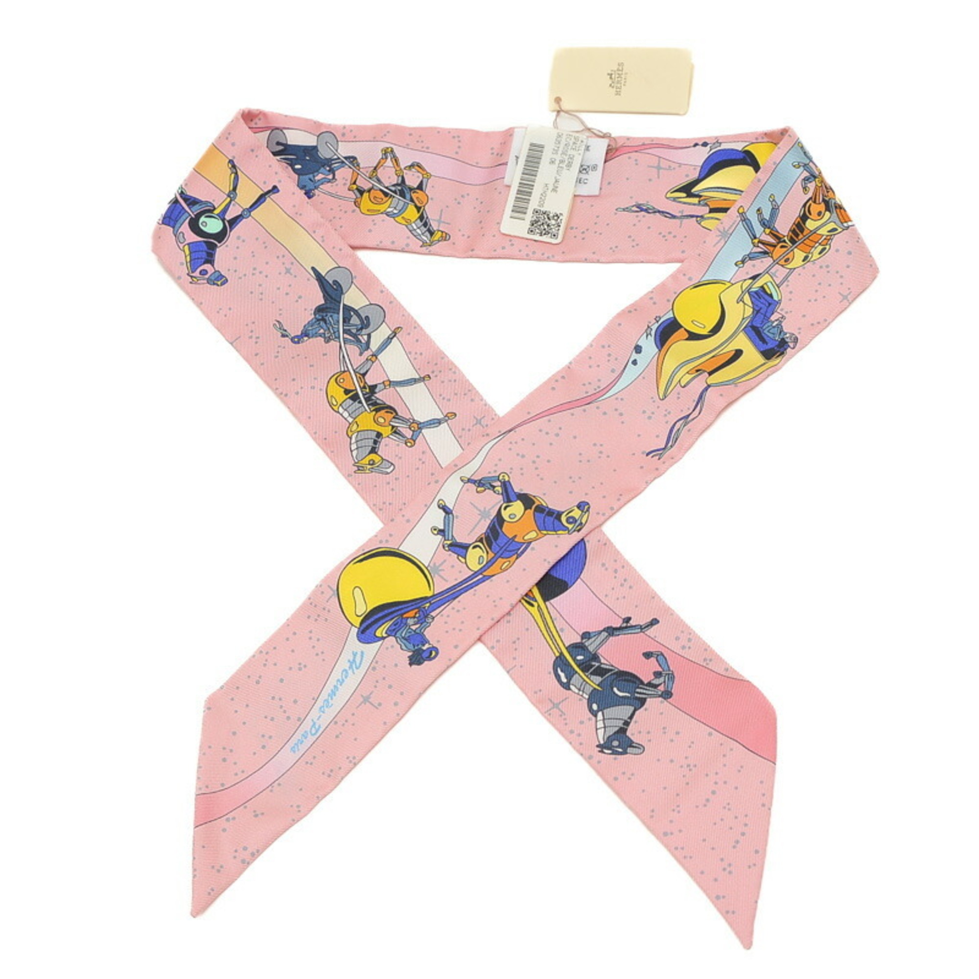 Hermes Twilly Space Derby Scarf Rose Blue Jaune 100% Silk