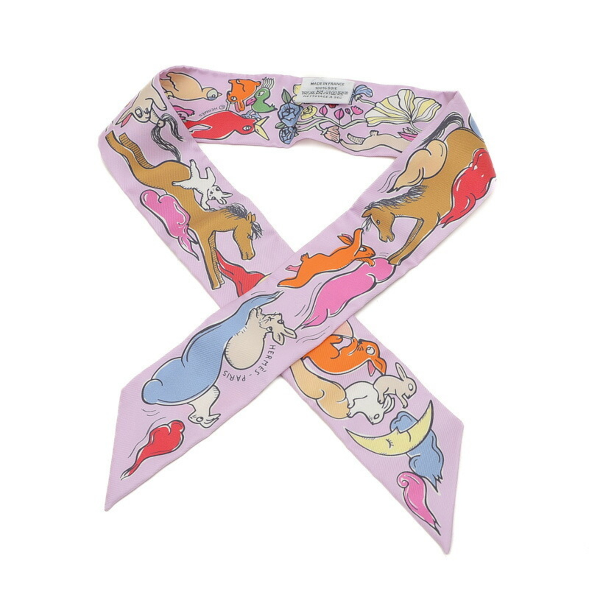 Hermes Twilly Scarf, Mille et Un Lapins, Purple, 100% Silk