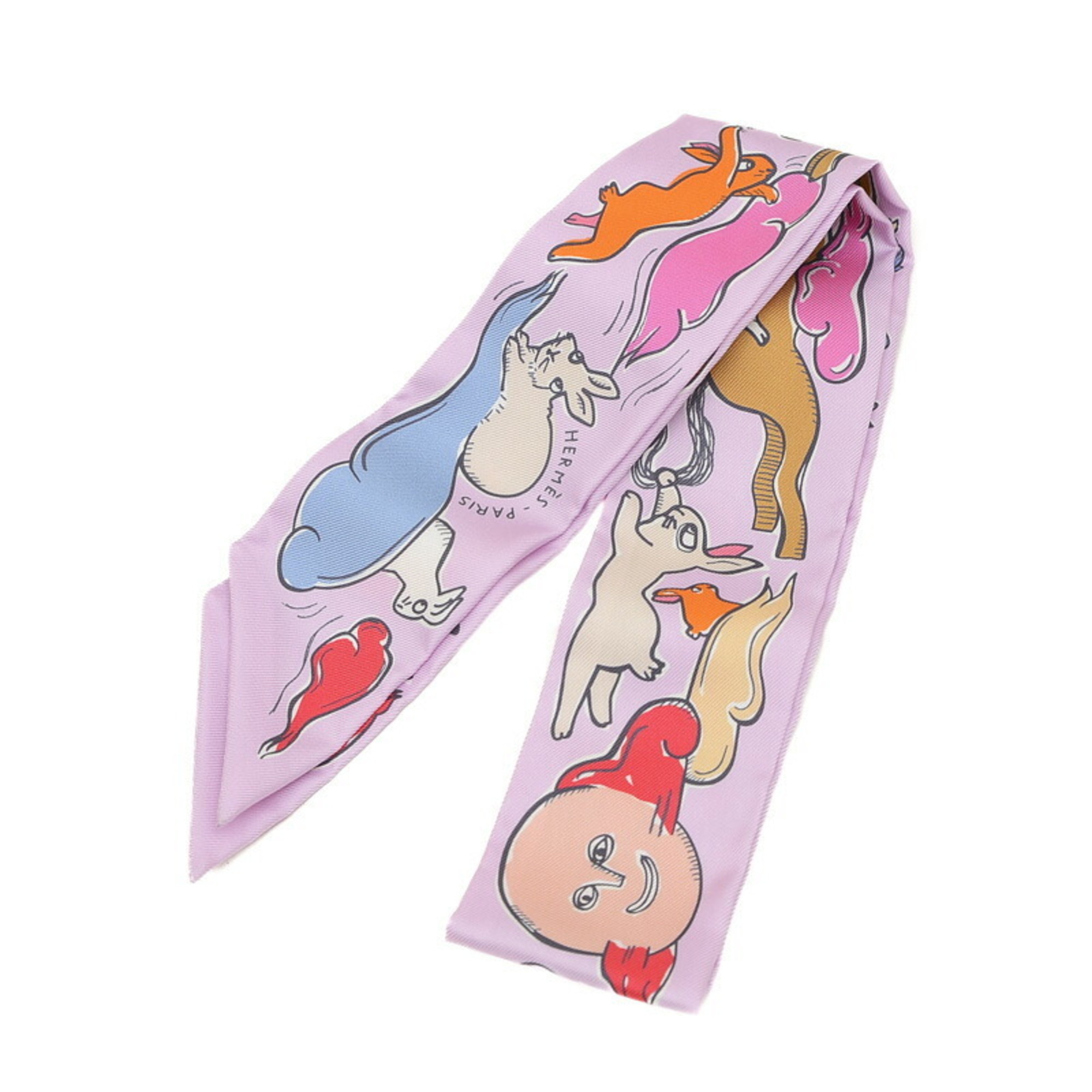 Hermes Twilly Scarf, Thousand and One Rabbits, Mille et Lapins, Purple, 100% Silk