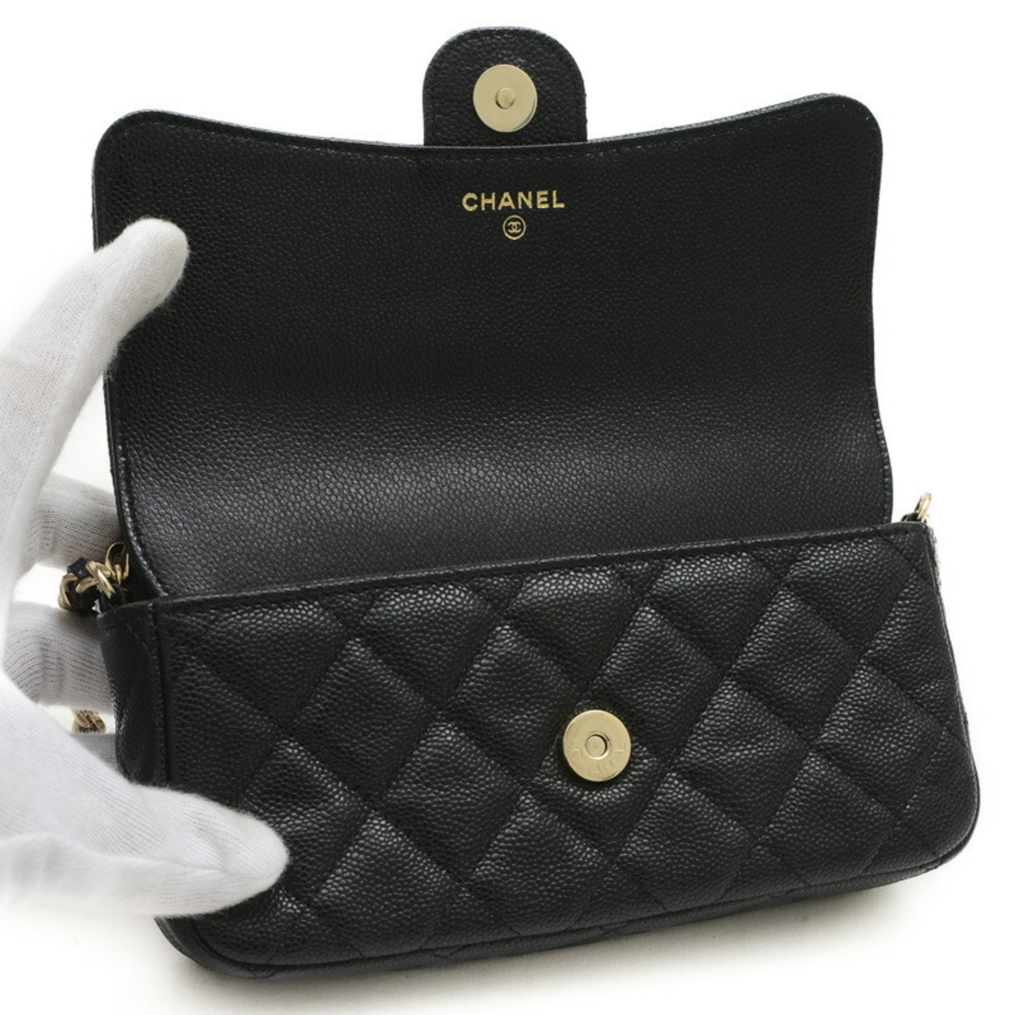 Chanel Matelasse Phone Case Chain Wallet Caviar Skin Black AP2096