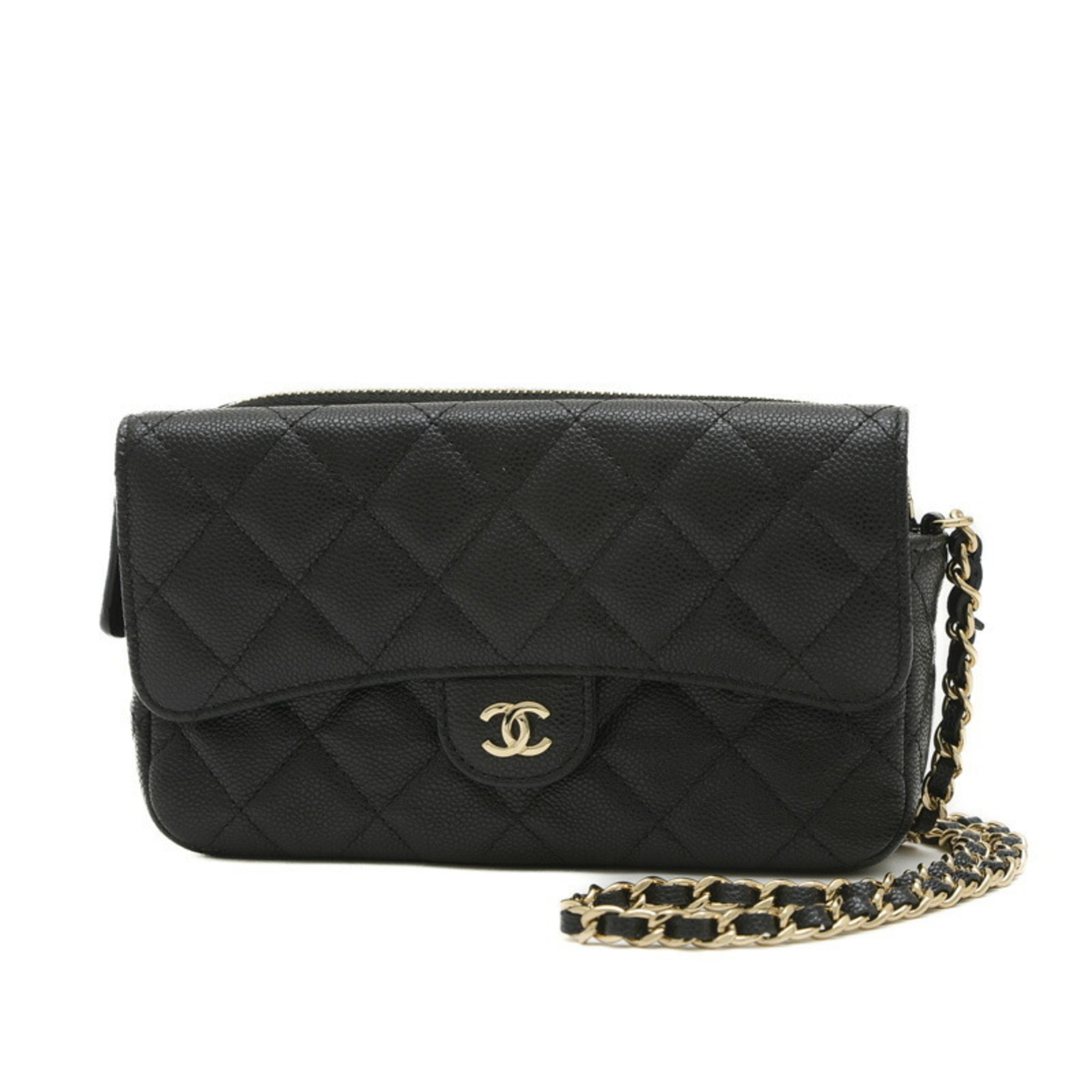 Chanel Matelasse Phone Case Chain Wallet Caviar Skin Black AP2096