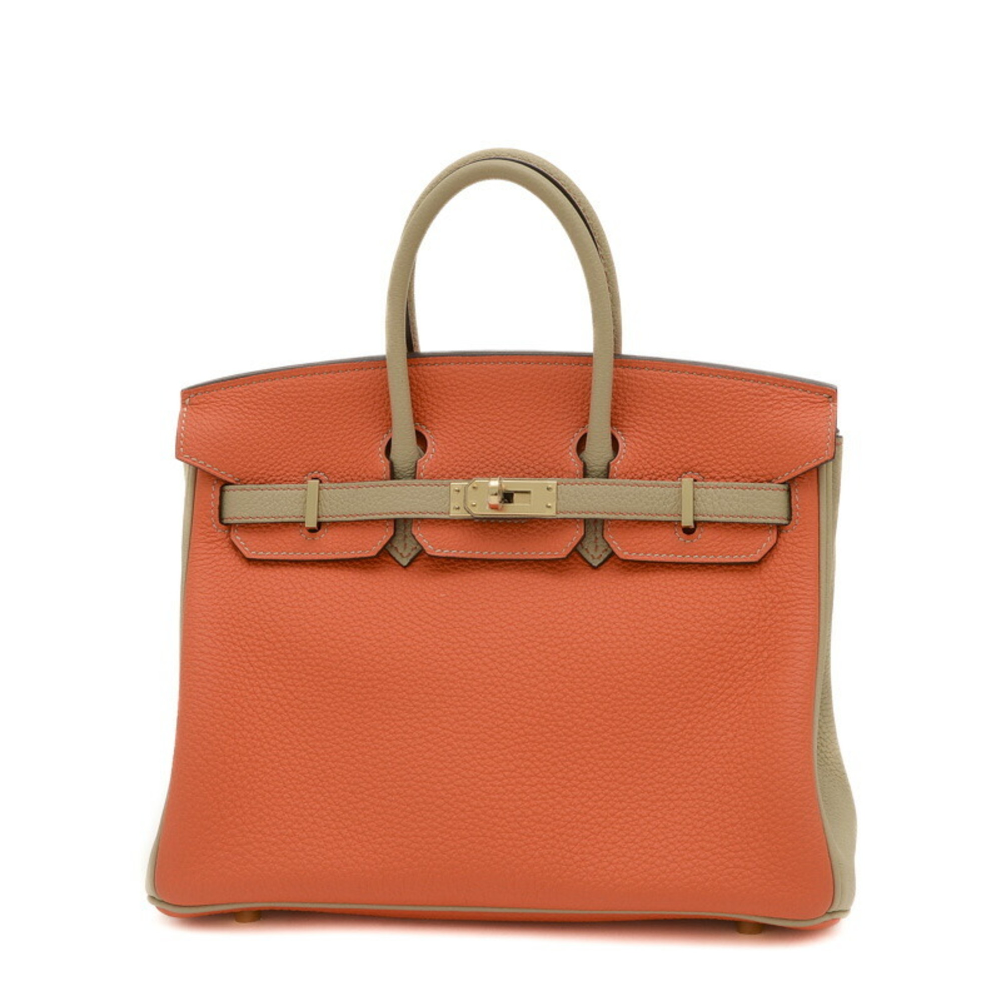 Hermes Birkin 25 Handbag Personal Togo Orange Poppy Trench Champagne D Engraved