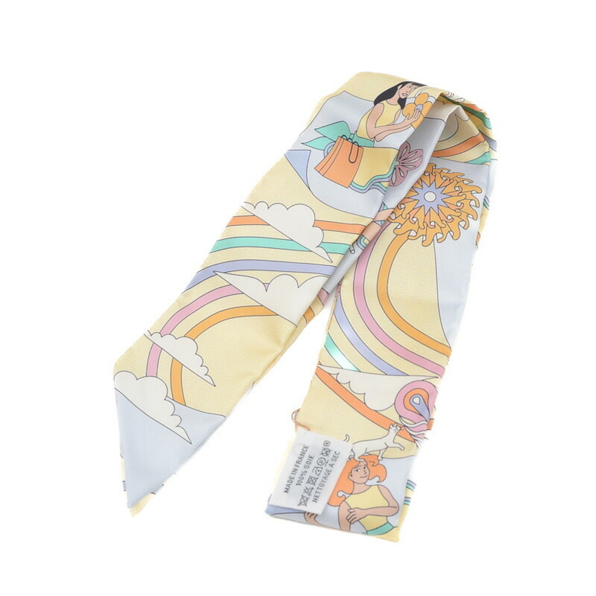 Hermes Twilly Scarf Flying Carre Carres Volants Yellow Blue 100% Silk