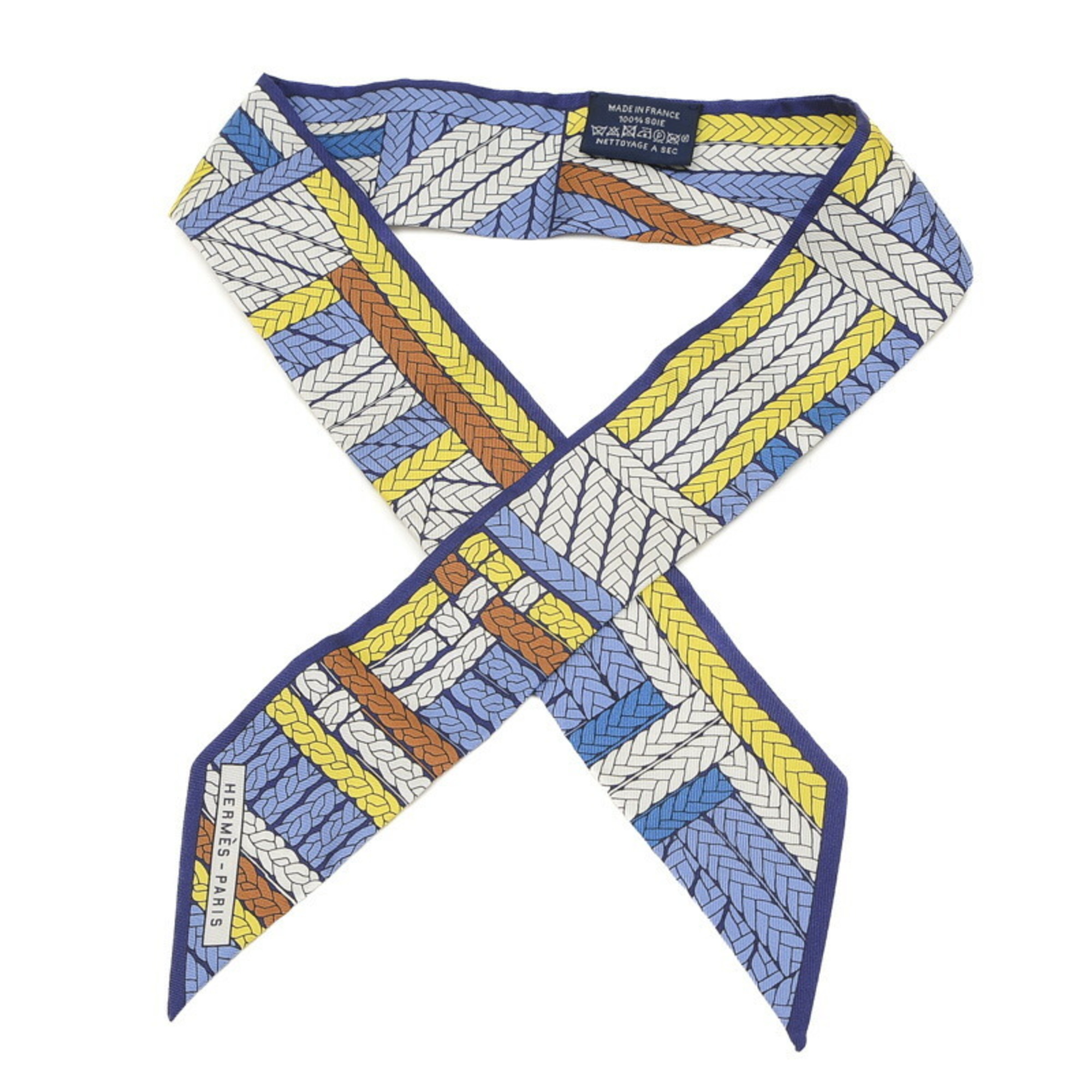 Hermes Twilly Scarf TRESSES H Blue Lavande Marine Jaune 100% Silk