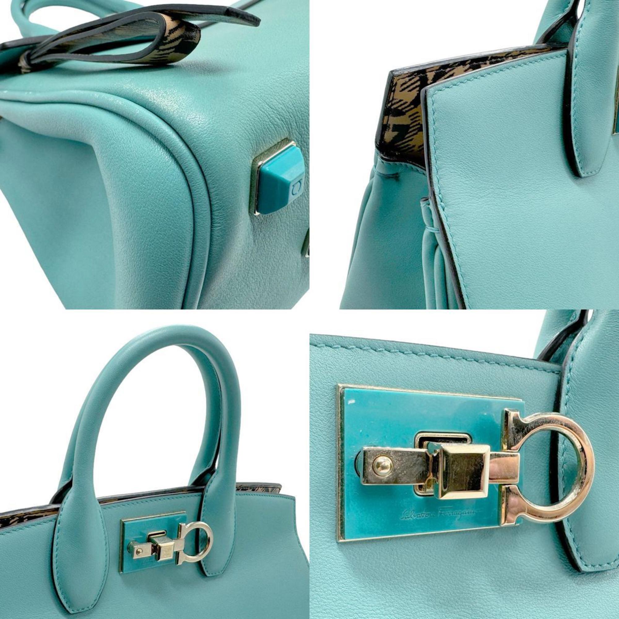 Salvatore Ferragamo Handbag Shoulder Bag Gancini Leather Green Blue Gold Women's z2234