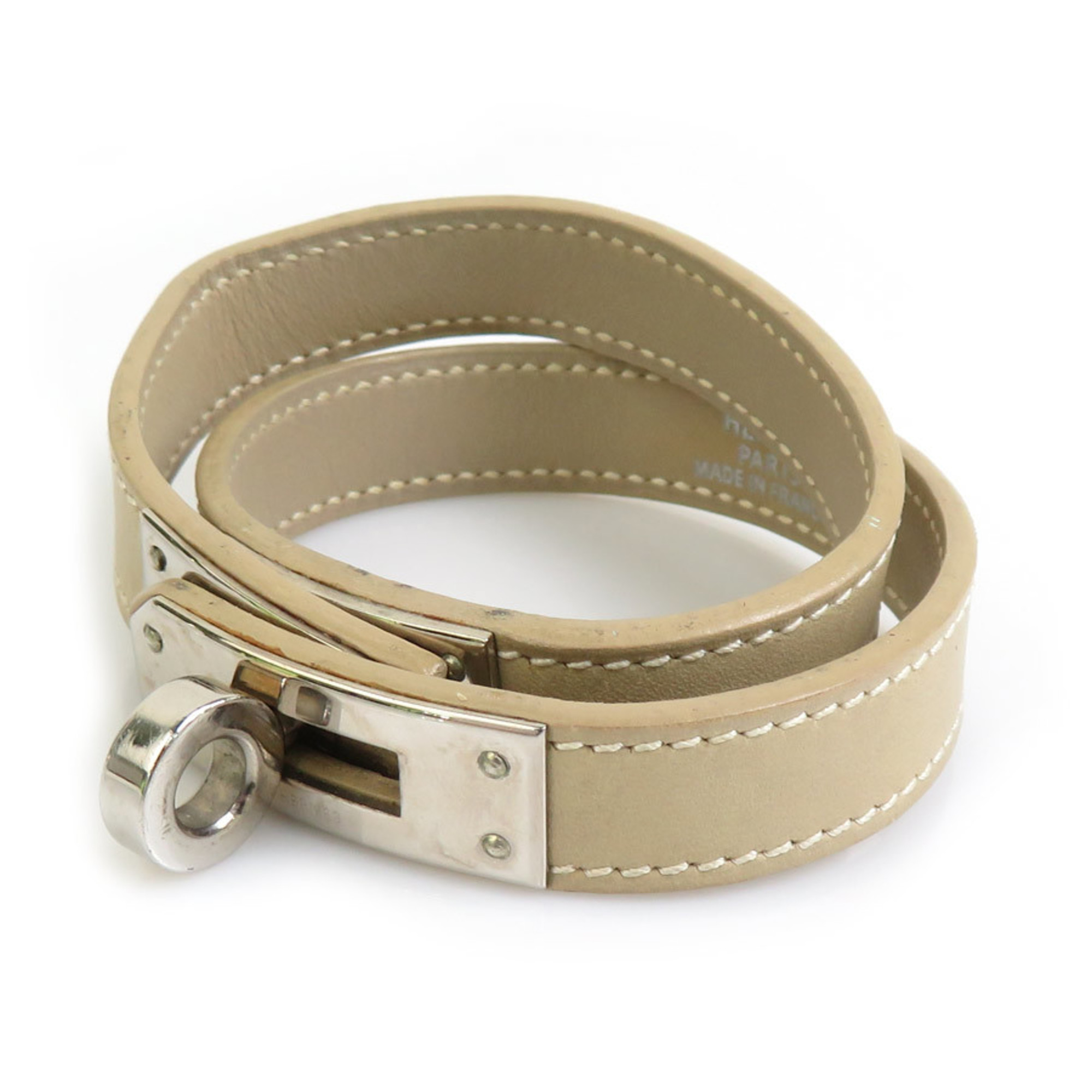 Hermes Kelly Bracelet Leather Metal Light Greige Silver Women's e59090g