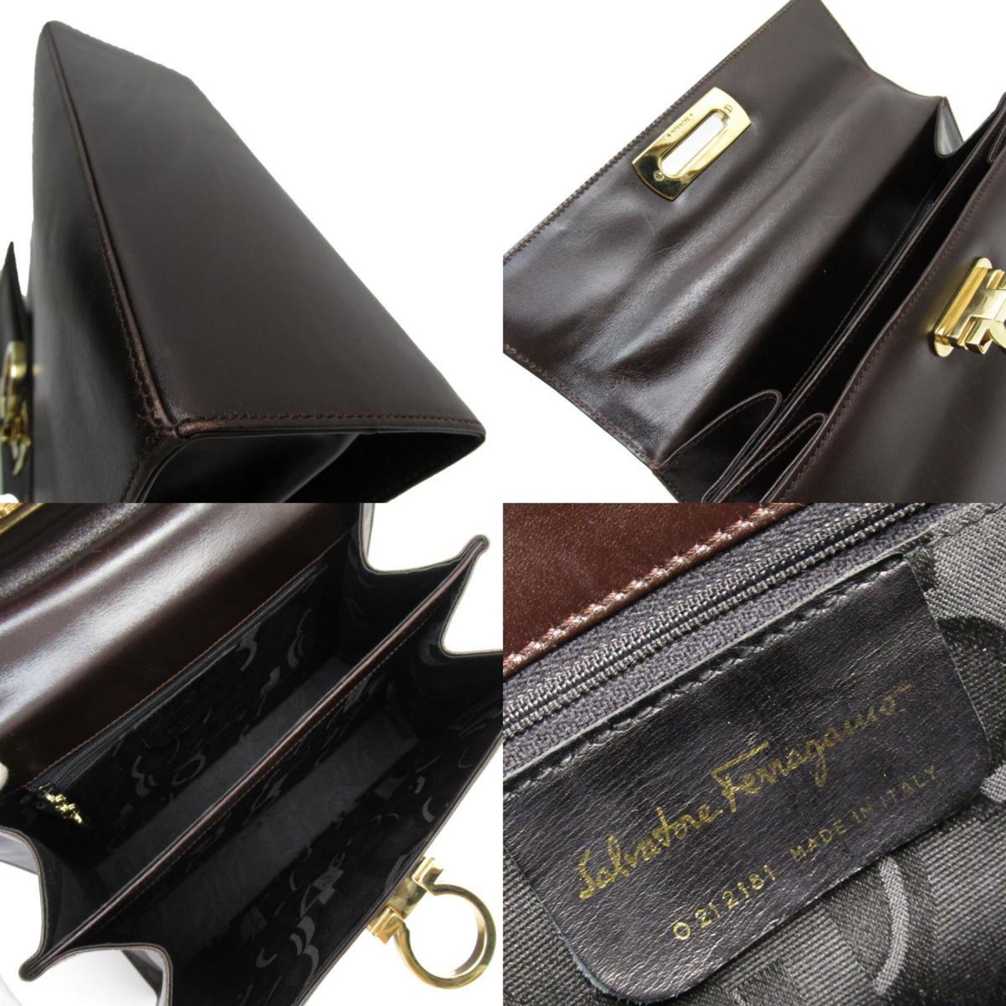 Salvatore Ferragamo handbag shoulder bag Gancini leather dark brown gold ladies w0715a