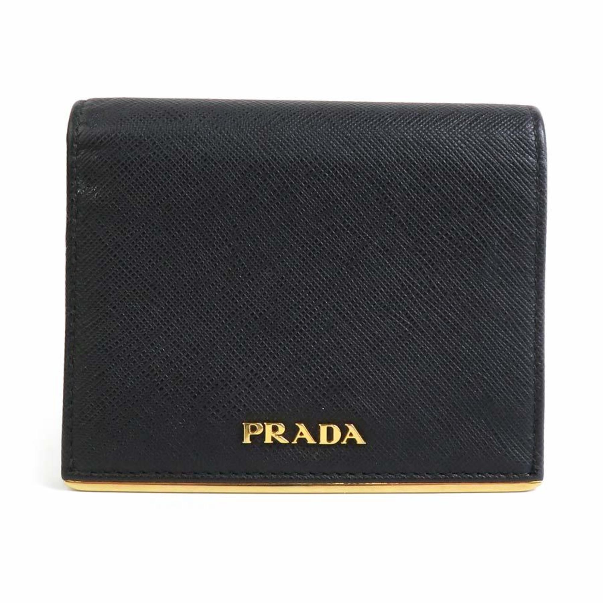 PRADA Bi-fold wallet Leather Black Gold Men's Women's e59083a