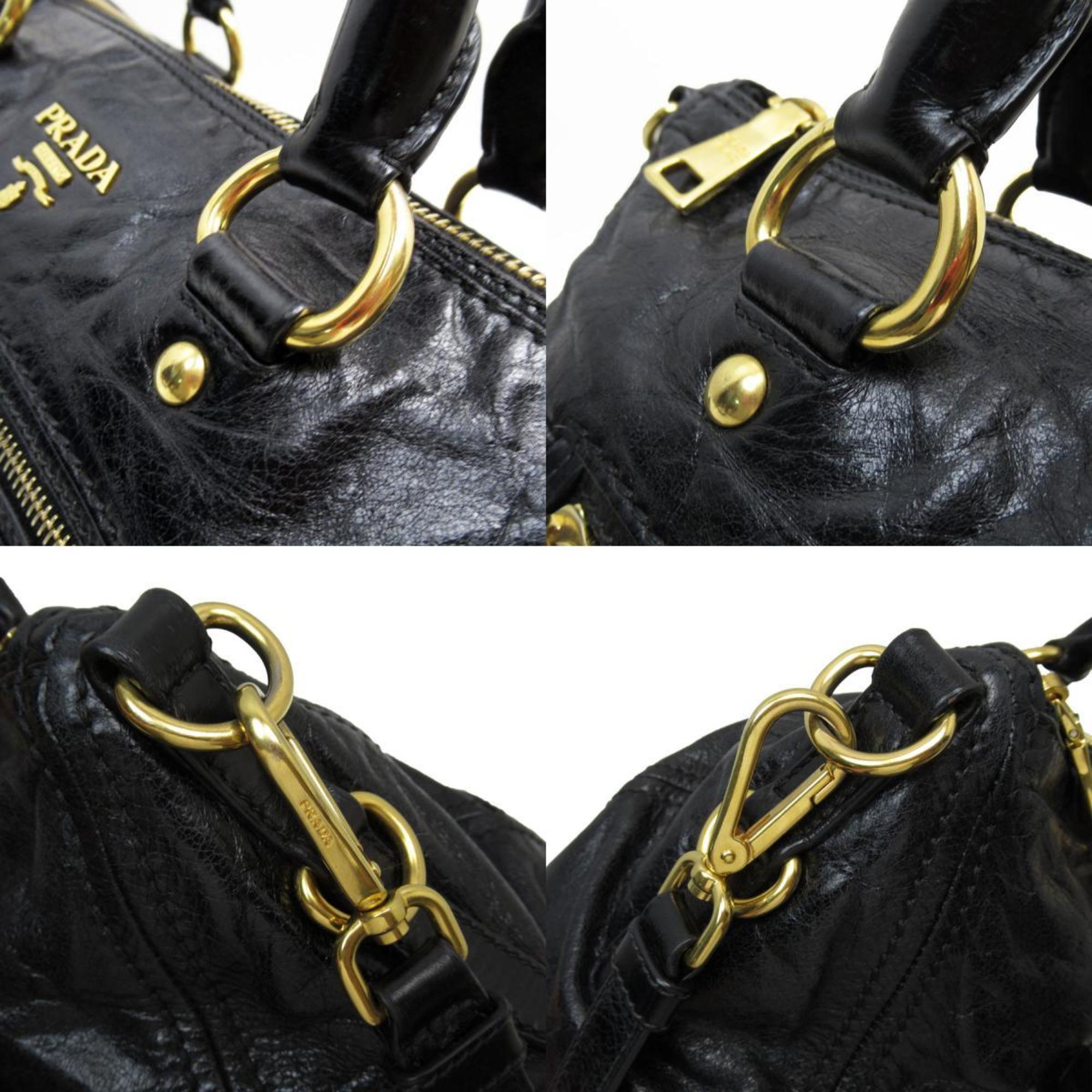 PRADA handbag shoulder bag leather black gold ladies w0712a