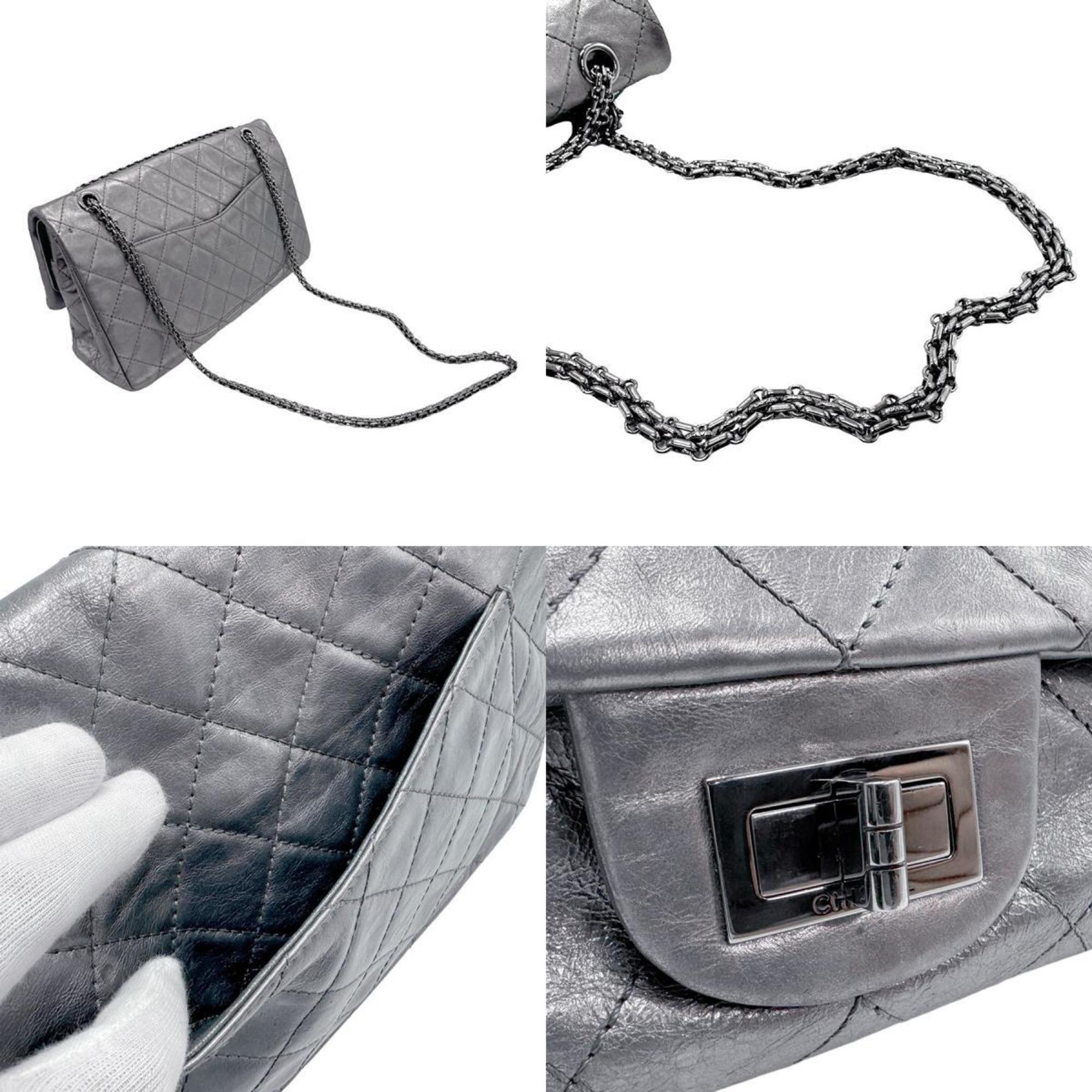 CHANEL Shoulder Bag 2.55 Matelasse Double Flap Leather Metal Metallic Gray Women's n0318