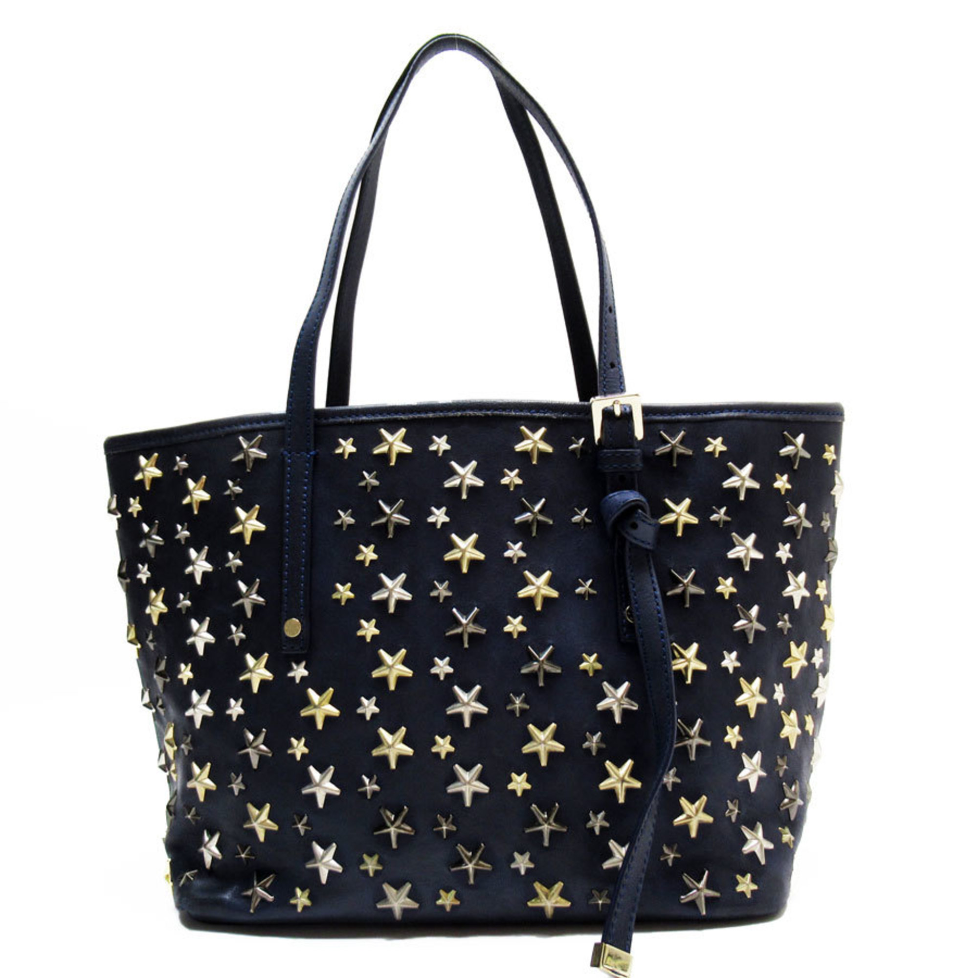 JIMMY CHOO handbag tote bag star studs leather metal navy silver gold ladies w0672a