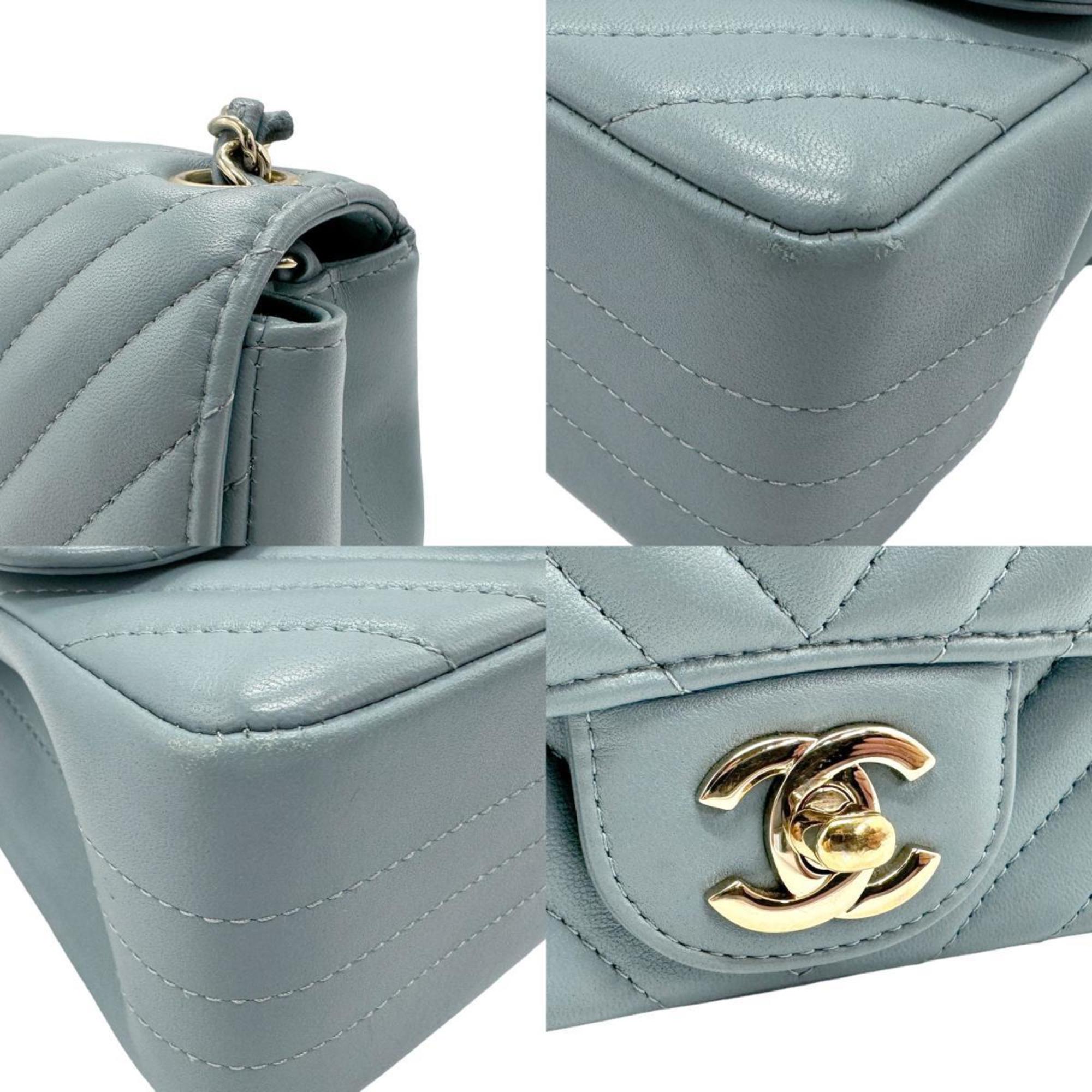 CHANEL Shoulder Bag V Stitch Gray Blue Gold Women's z2262